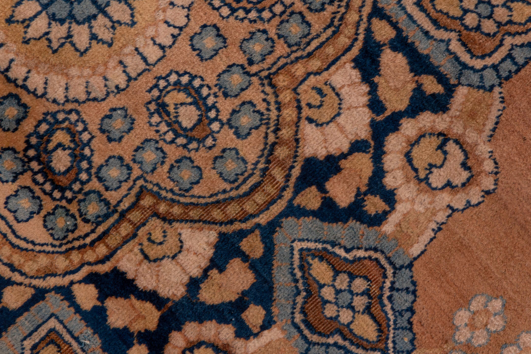4' x 9' one-of-a-kind handmade antique Kerman runner rug. Color palette: rose, navy, taupe, ivory, slate, camel, pink, red