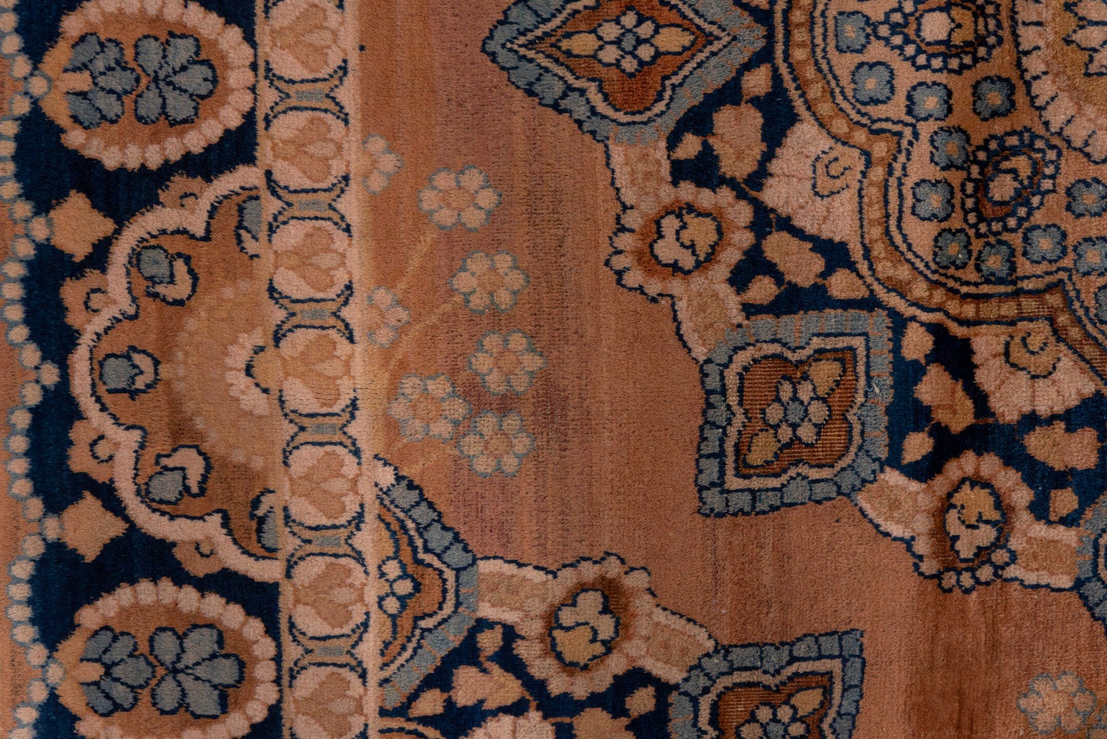 4' x 9' one-of-a-kind handmade antique Kerman runner rug. Color palette: rose, navy, taupe, ivory, slate, camel, pink, red