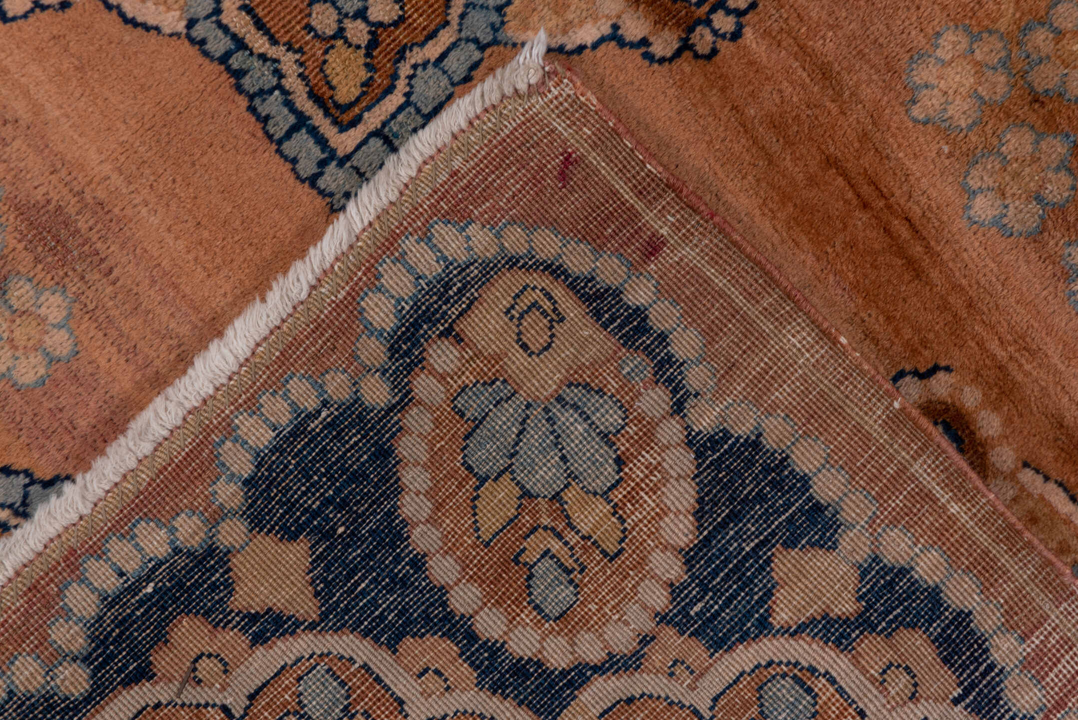 4' x 9' one-of-a-kind handmade antique Kerman runner rug. Color palette: rose, navy, taupe, ivory, slate, camel, pink, red