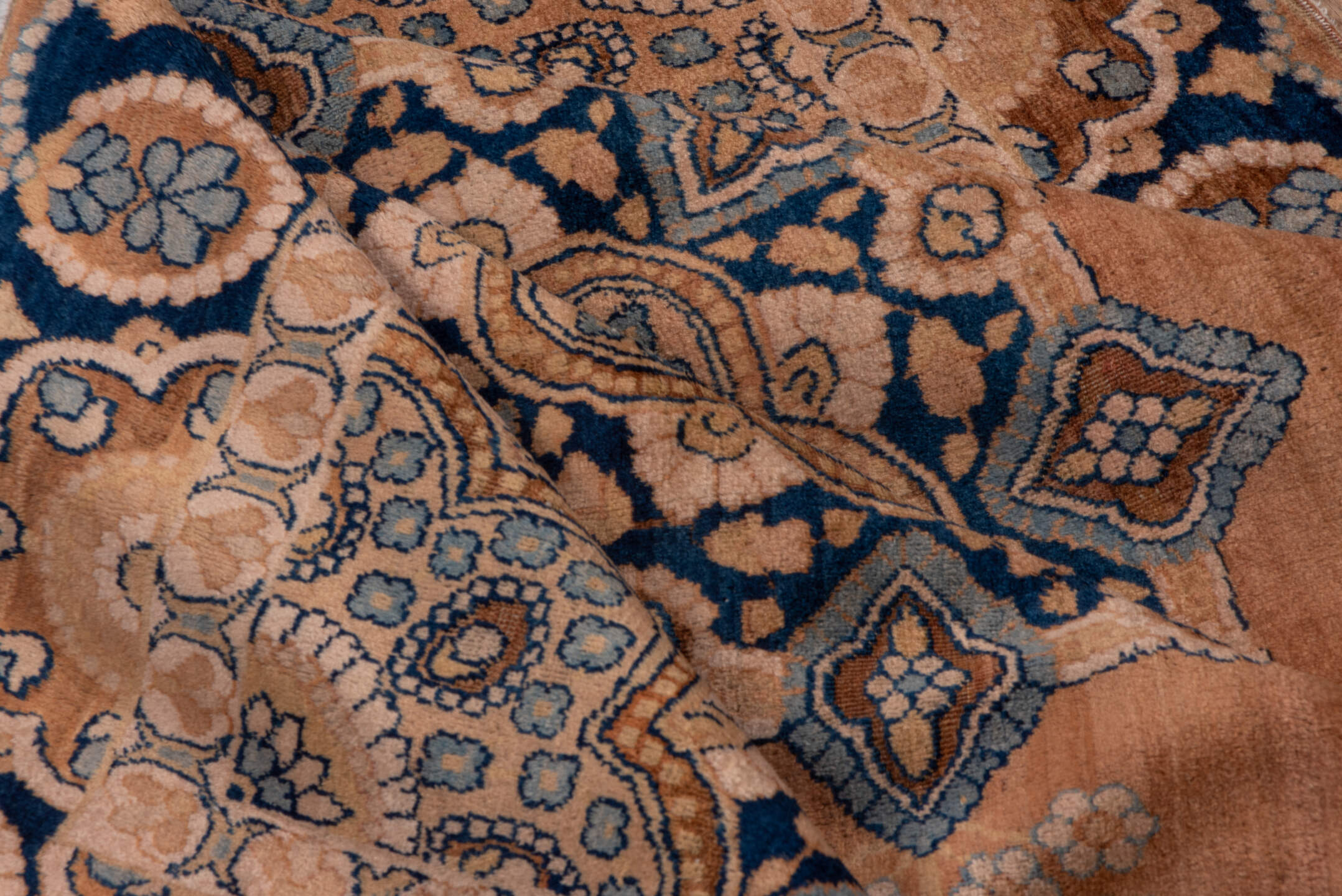 4' x 9' one-of-a-kind handmade antique Kerman runner rug. Color palette: rose, navy, taupe, ivory, slate, camel, pink, red