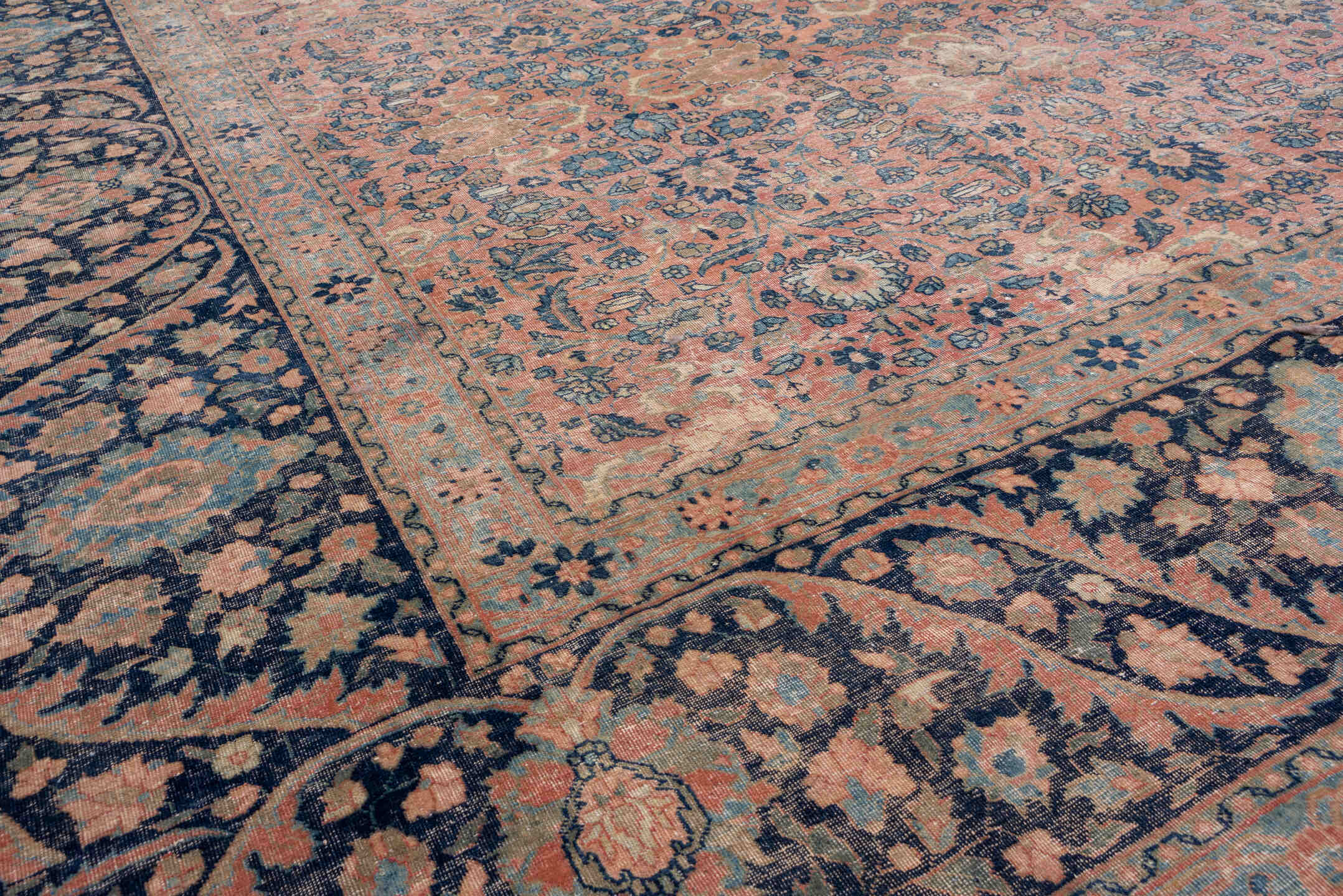 13' x 18' one-of-a-kind handmade vintage Tabriz oversize rug. Color palette: blue, brown, dark gray, dim gray, fiord, gray