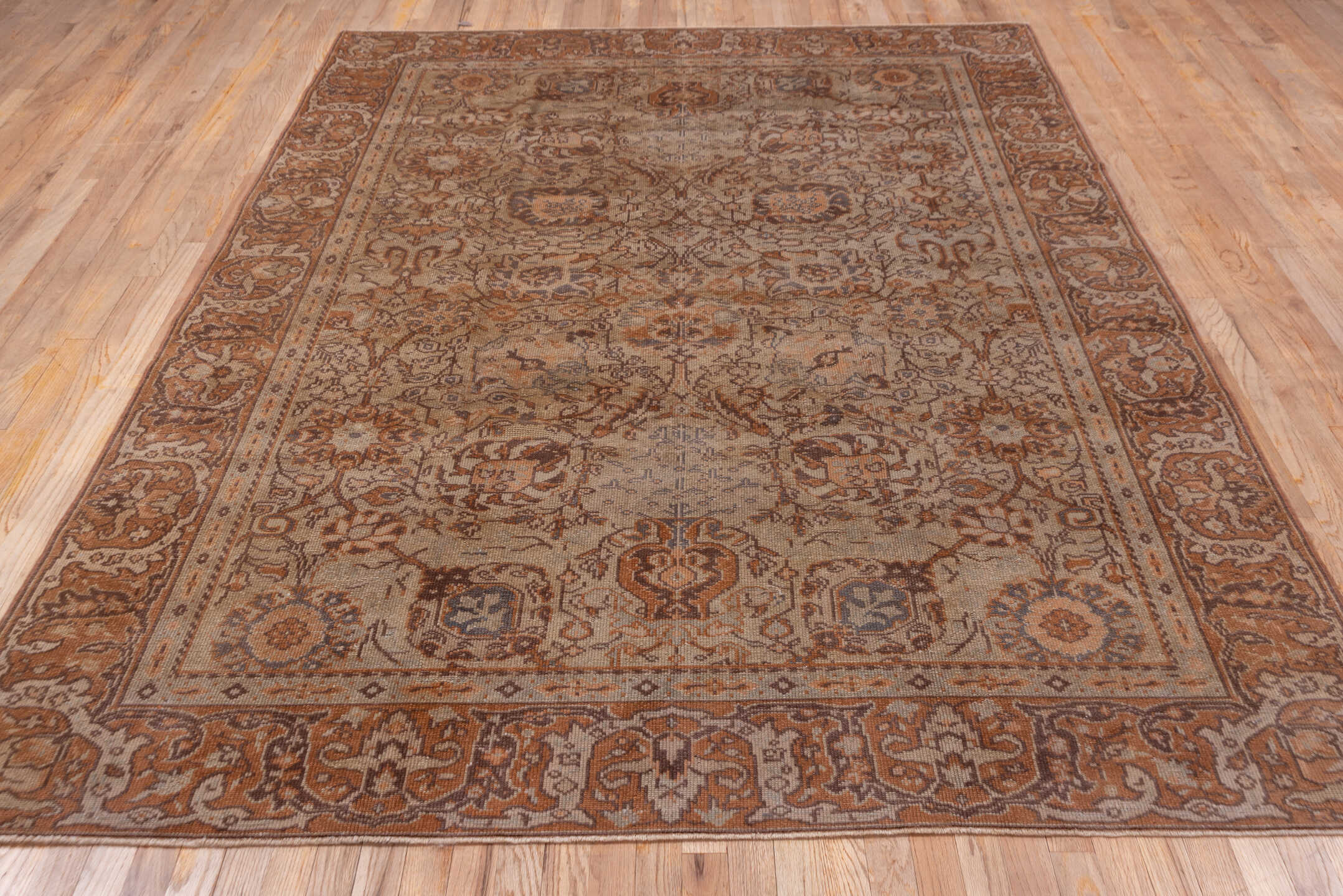 6' x 9' one-of-a-kind handmade antique Sivas medium size rug. Color palette: ivory, rust, taupe, camel, slate, brown