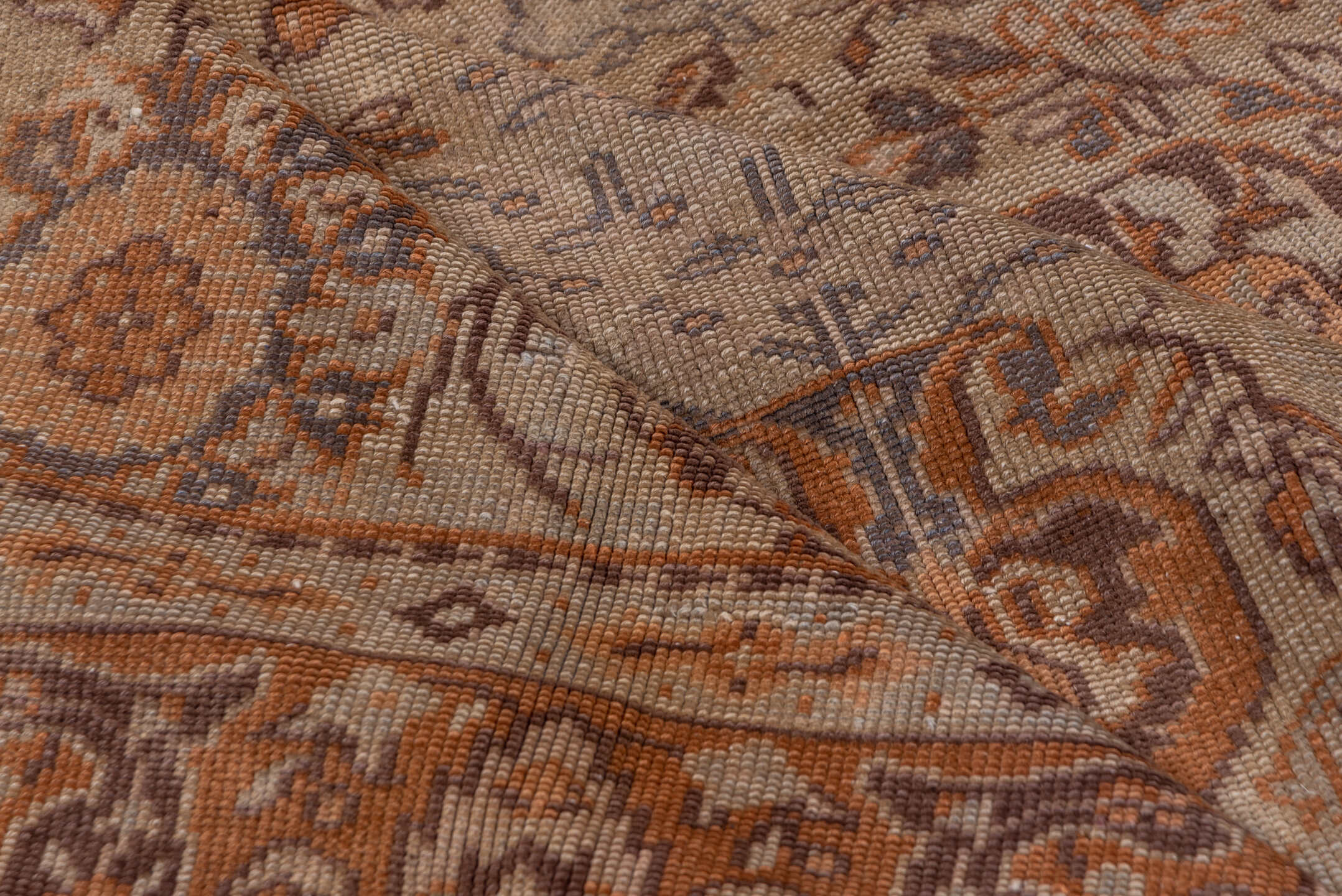 6' x 9' one-of-a-kind handmade antique Sivas medium size rug. Color palette: ivory, rust, taupe, camel, slate, brown