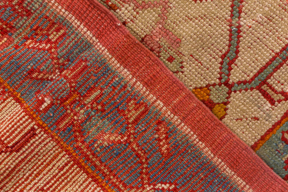 18' x 26' one-of-a-kind handmade antique Oushak oversize rug. Color palette: red, ivory, pale blue, gold, rust, coral, sage