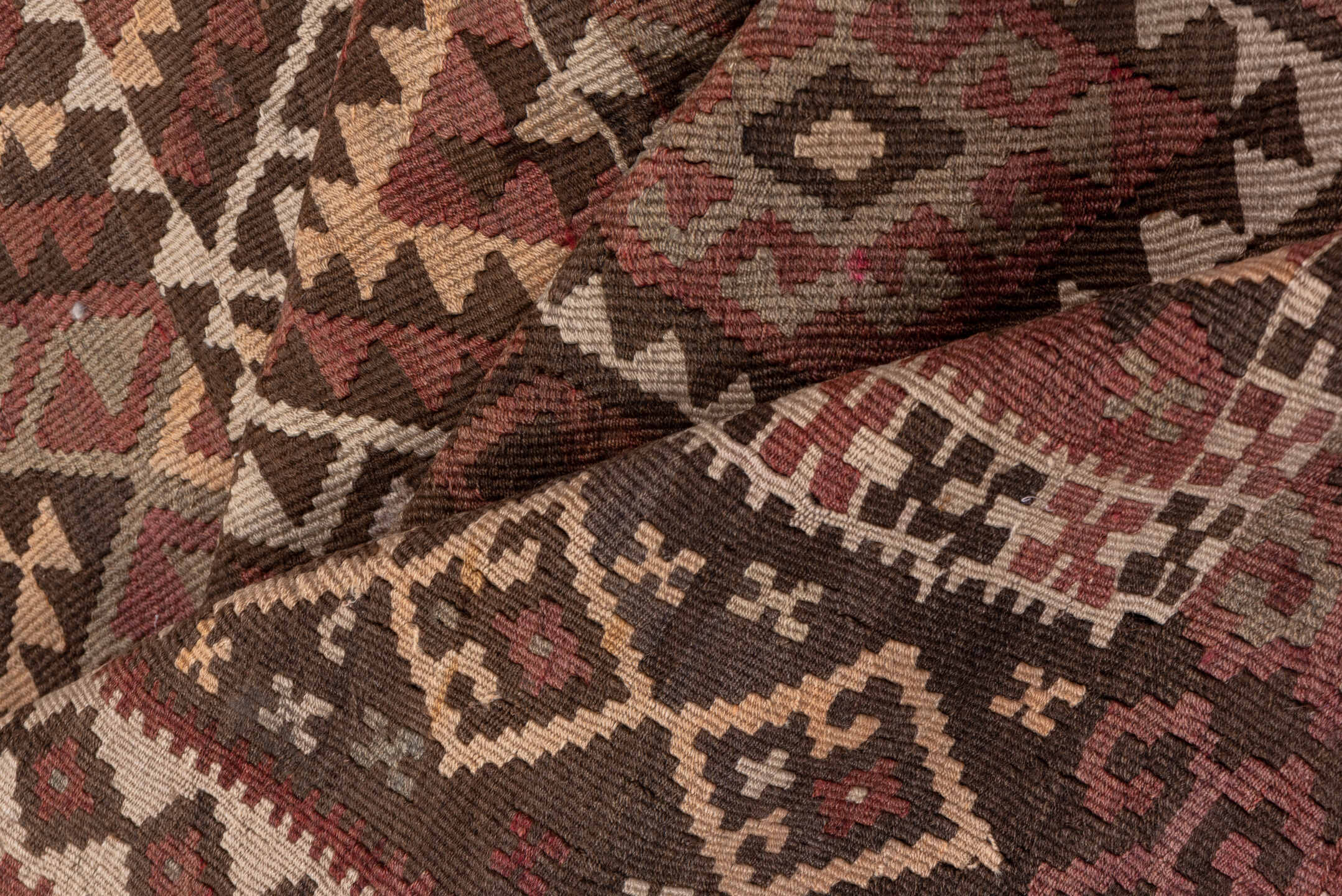 4' x 11' one-of-a-kind handmade vintage Kilim runner rug. Color palette: rose, rust, brown, ivory, taupe, mauve, pink, red
