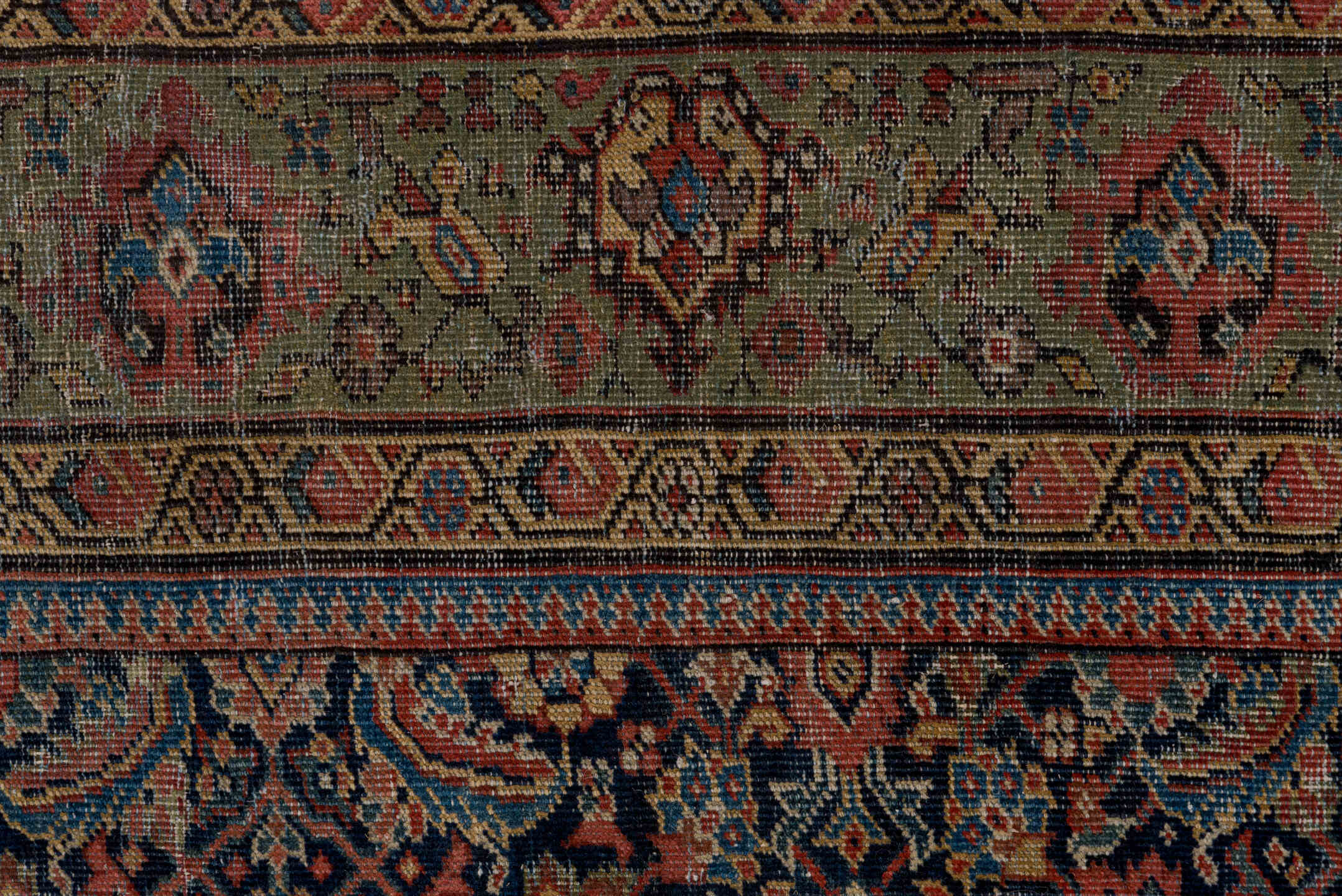 5' x 9' one-of-a-kind handmade vintage Farahan medium size rug. Color palette: black, blue, brown, gray, pink, red, redwood
