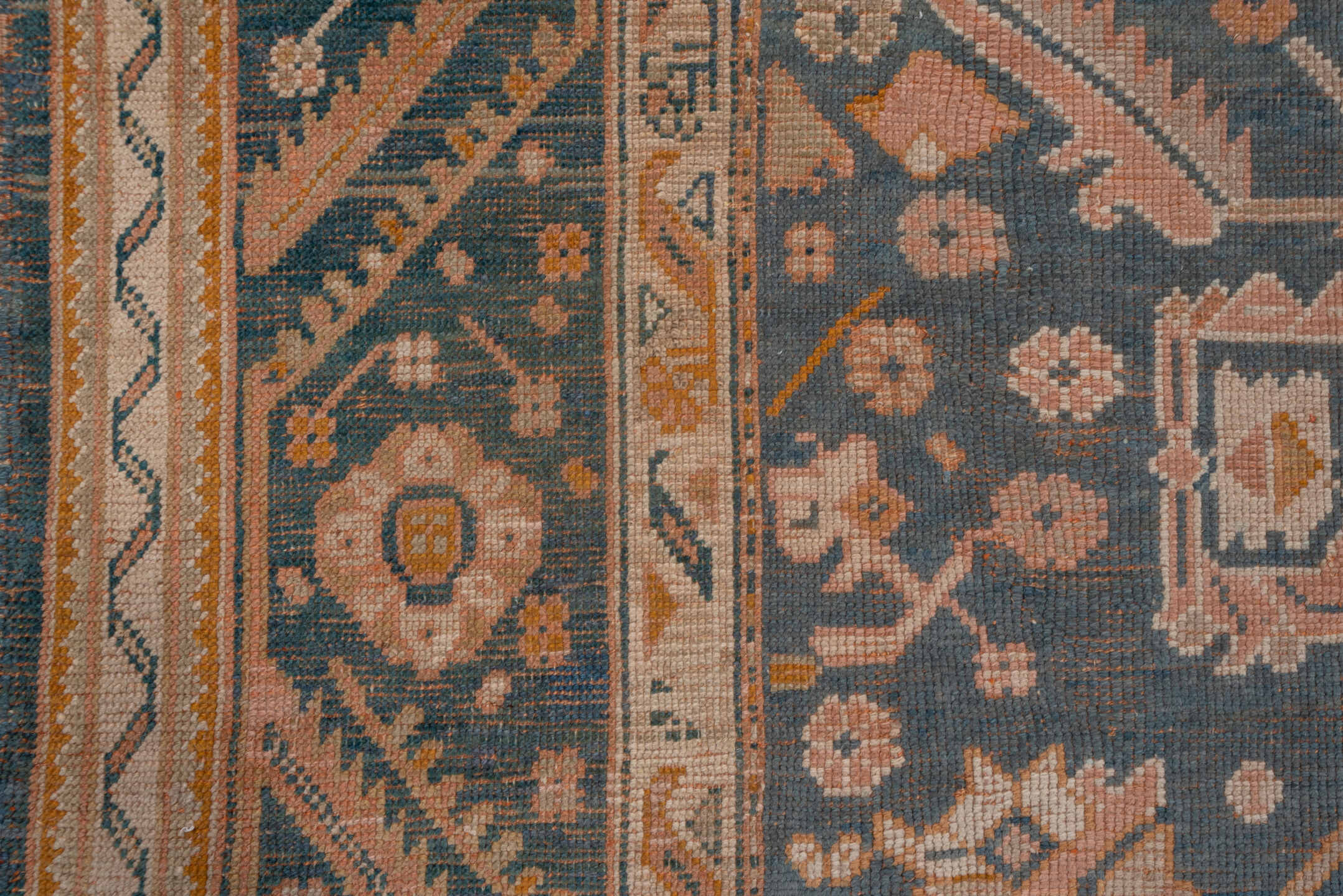 10' x 13' one-of-a-kind handmade antique Oushak large size rug. Color palette: blue, ivory, peach, taupe, gold, camel, slate