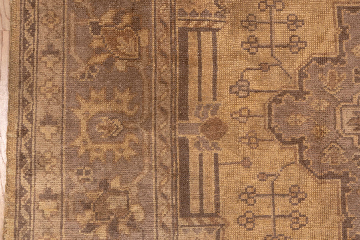 7' x 9' one-of-a-kind handmade antique Oushak rug. Color palette: beige, taupe, camel, brown, ivory, sand, mauve, gray, pink