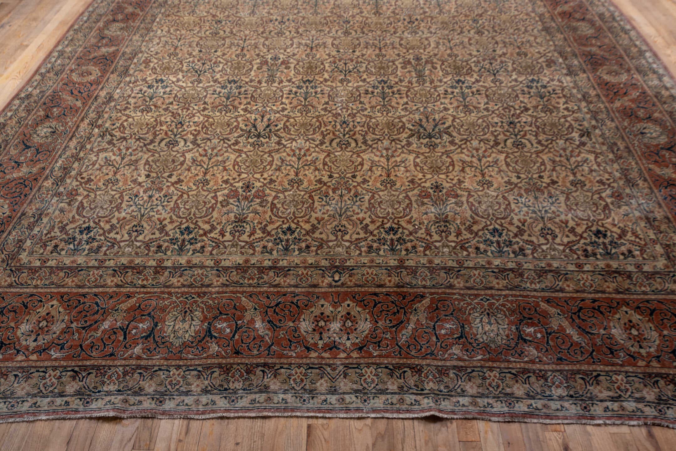 10' x 14' one-of-a-kind handmade antique Tabriz large size rug. Color palette: ivory, terra cotta, taupe, brown, charcoal