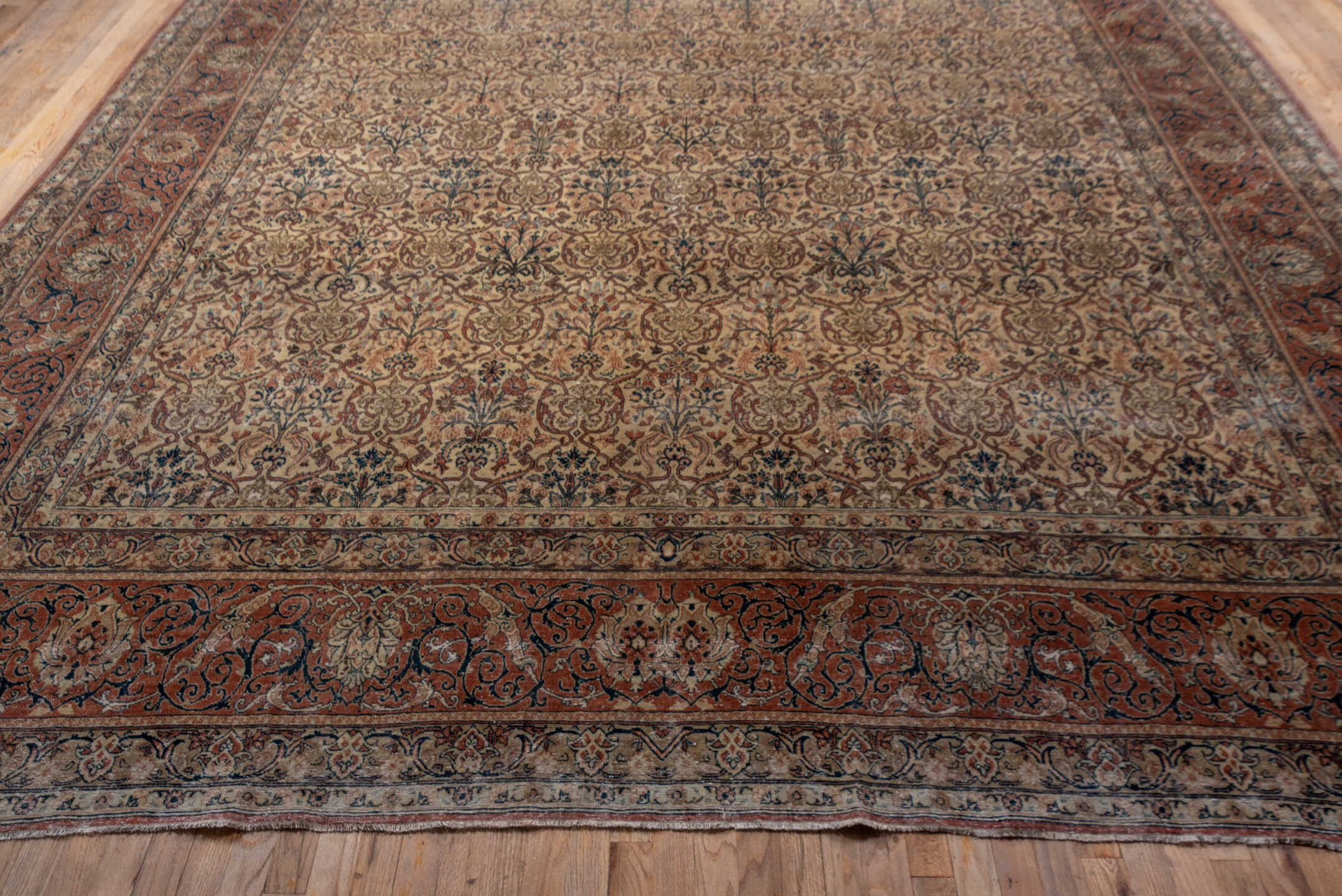 10' x 14' one-of-a-kind handmade antique Tabriz large size rug. Color palette: ivory, terra cotta, taupe, brown, charcoal