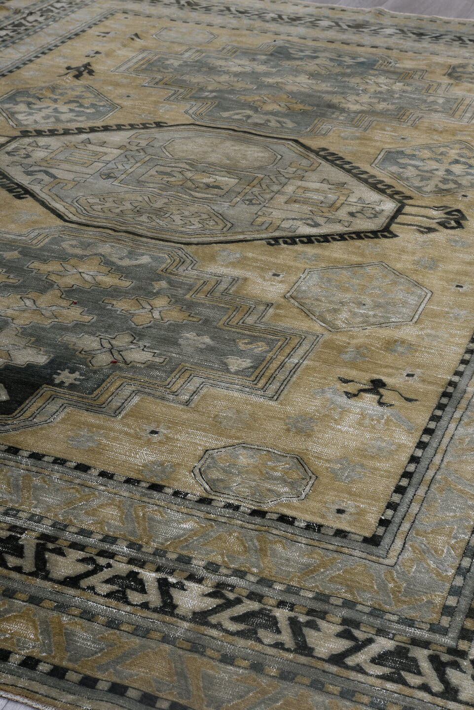 9' x 12' one-of-a-kind handmade antique Hooked large size rug. Color palette: tan, sage, ivory, charcoal, taupe, olive