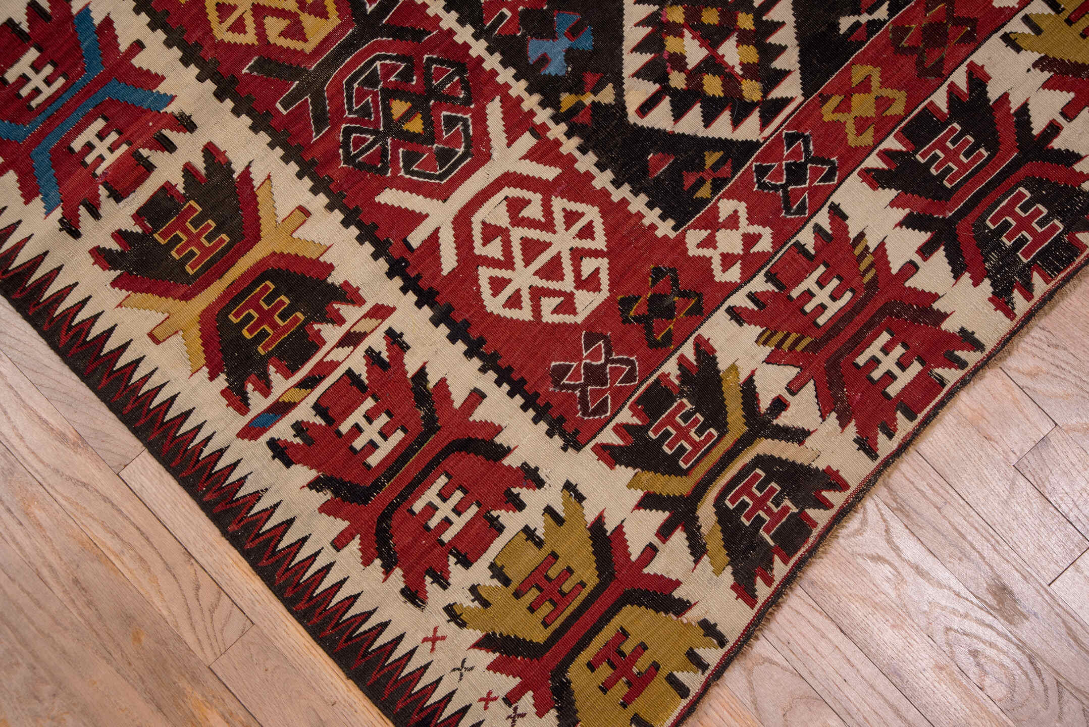 6' x 10' one-of-a-kind handmade vintage Kilim large size rug. Color palette: burgundy, ivory, rust, gold, navy, blue, olive