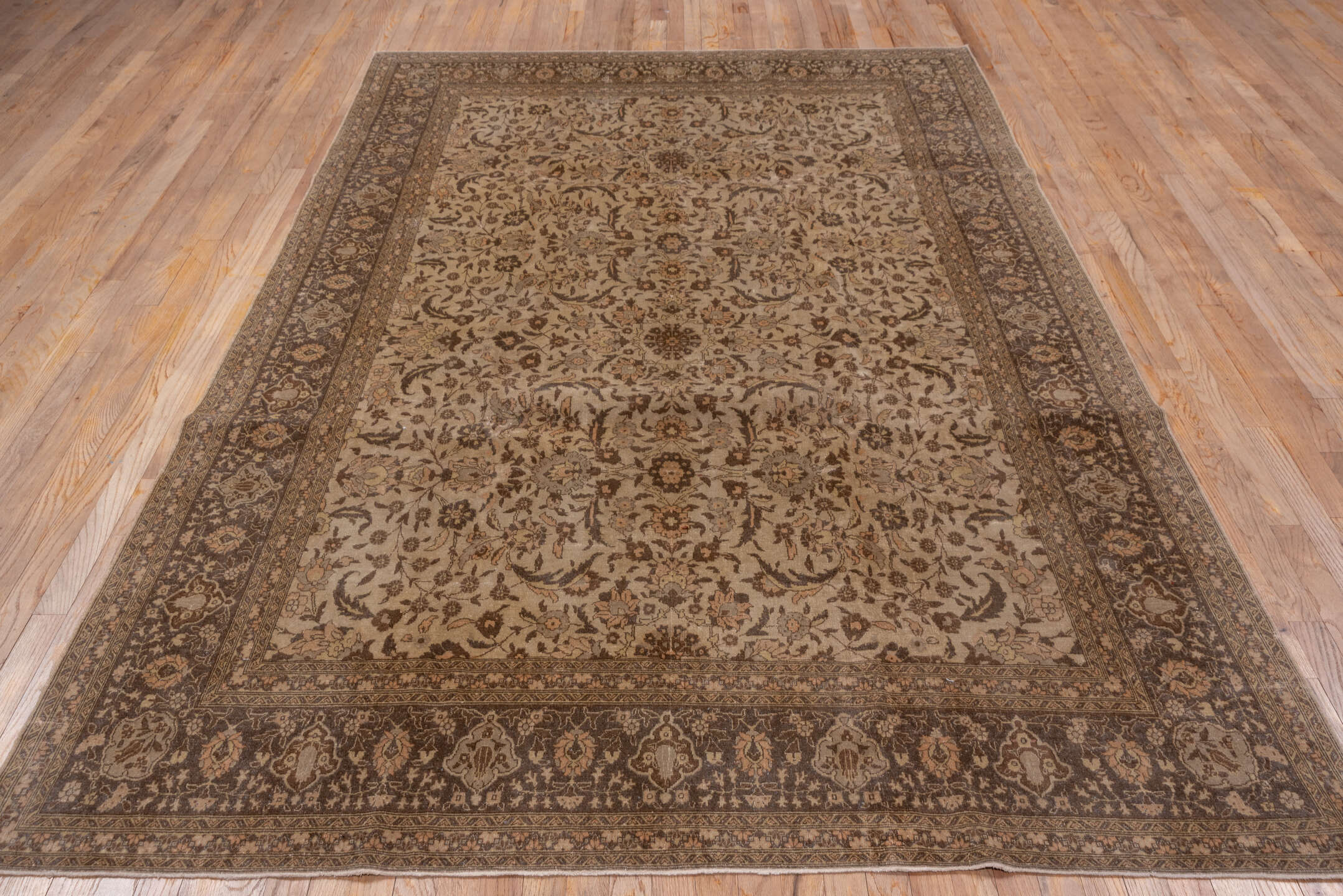 6' x 10' one-of-a-kind handmade antique Sivas large size rug. Color palette: brown, ivory, taupe, camel, charcoal, beige