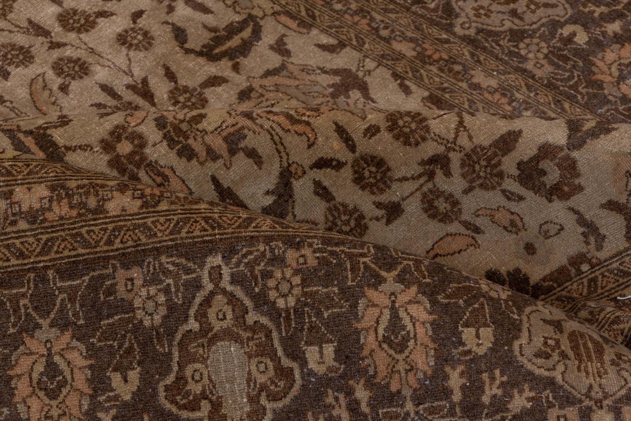 6' x 10' one-of-a-kind handmade antique Sivas large size rug. Color palette: brown, ivory, taupe, camel, charcoal, beige
