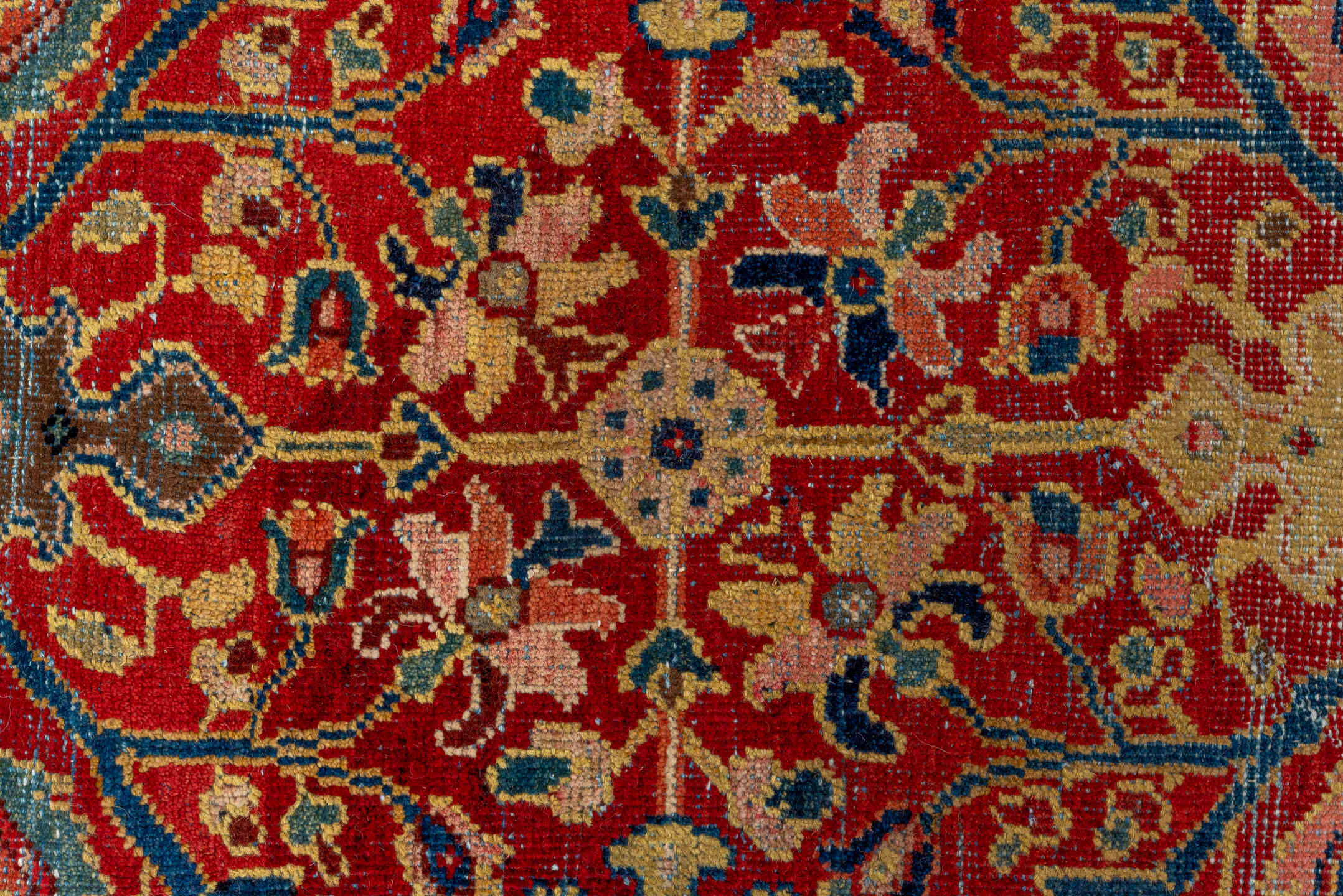 8' x 12' one-of-a-kind handmade antique Mahal large size rug. Color palette: rust, ivory, navy, gold, sky_blue, camel