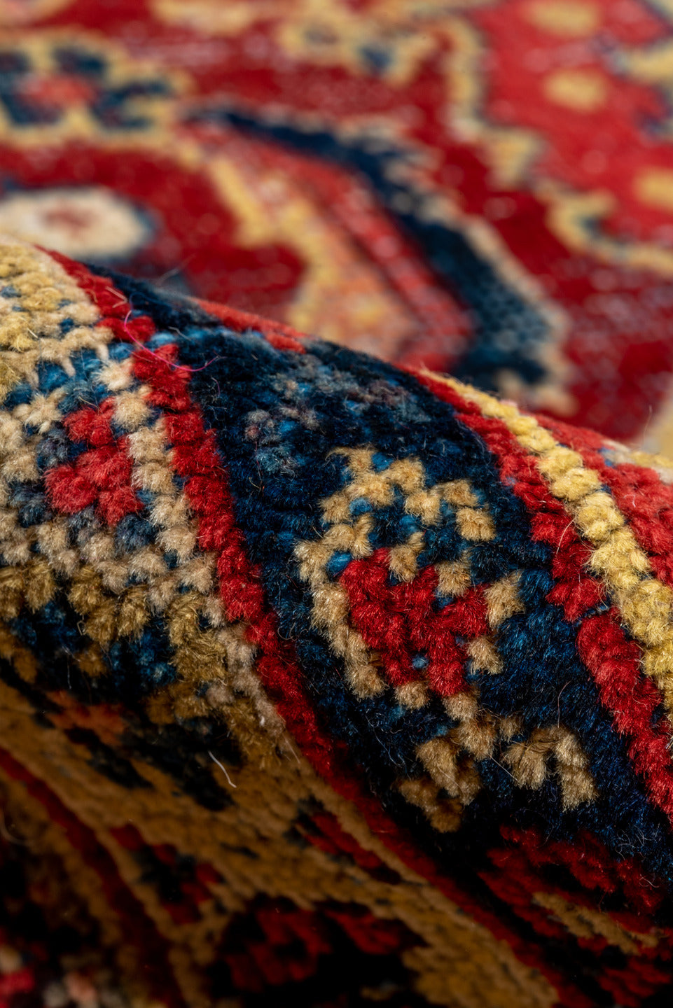 8' x 12' one-of-a-kind handmade antique Mahal large size rug. Color palette: rust, ivory, navy, gold, sky_blue, camel