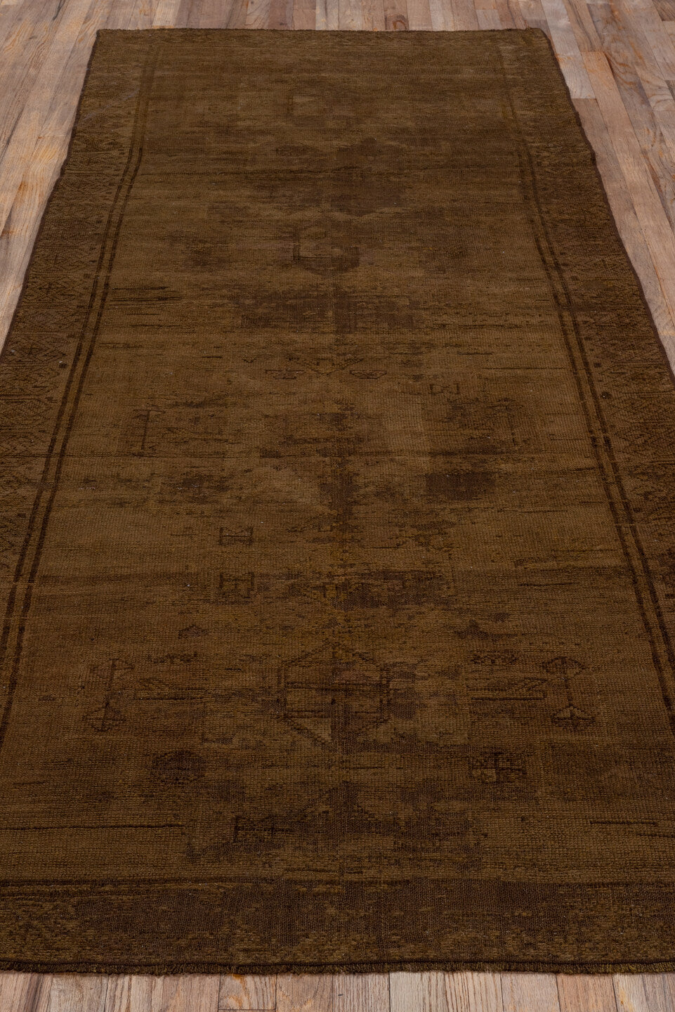 3' x 9' one-of-a-kind handmade vintage Overdyed runner rug. Color palette: brown, off-white, snow, white, whitesmoke
