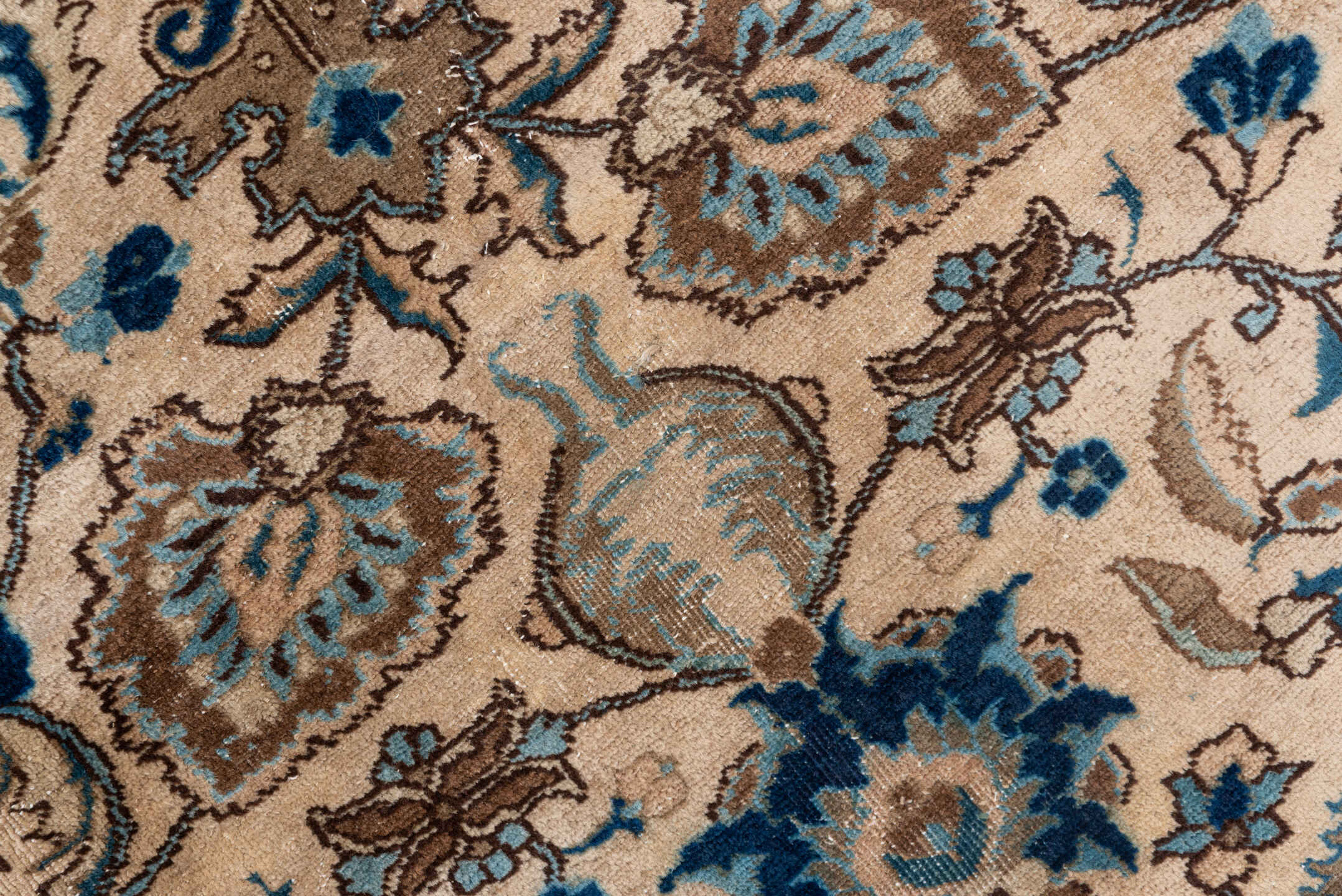 6' x 8' one-of-a-kind handmade antique Tabriz medium size rug. Color palette: ivory, sky blue, navy, taupe, camel, brown