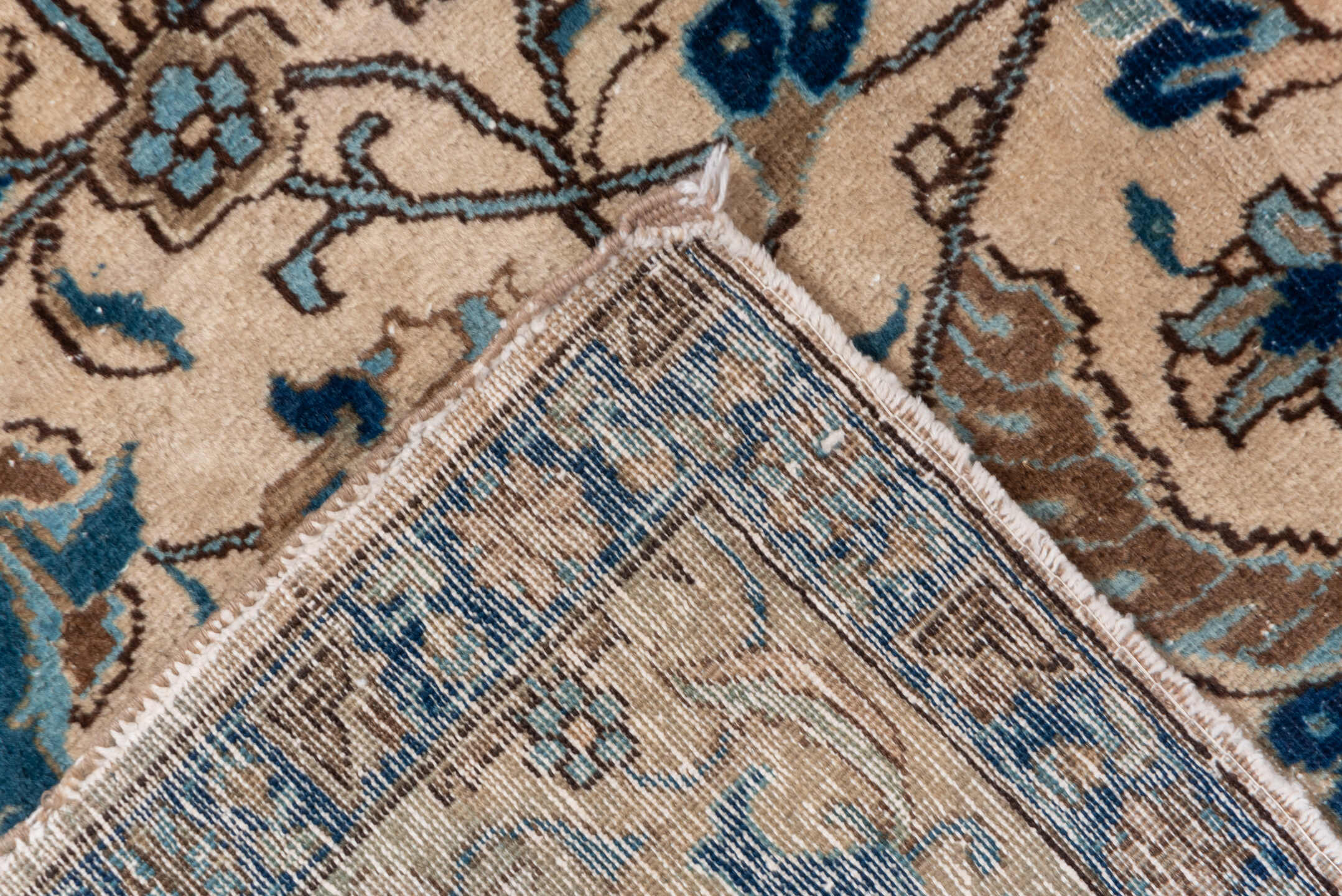 6' x 8' one-of-a-kind handmade antique Tabriz medium size rug. Color palette: ivory, sky blue, navy, taupe, camel, brown