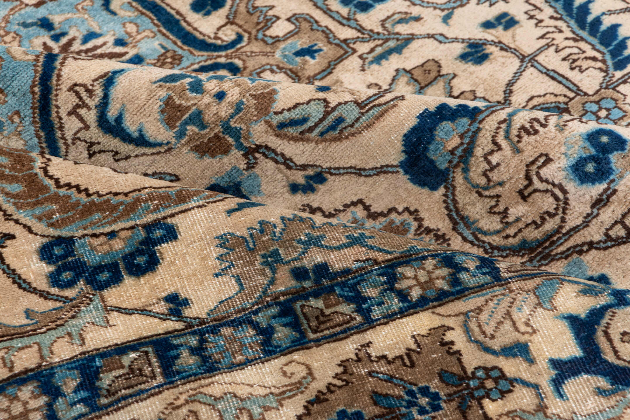 6' x 8' one-of-a-kind handmade antique Tabriz medium size rug. Color palette: ivory, sky blue, navy, taupe, camel, brown