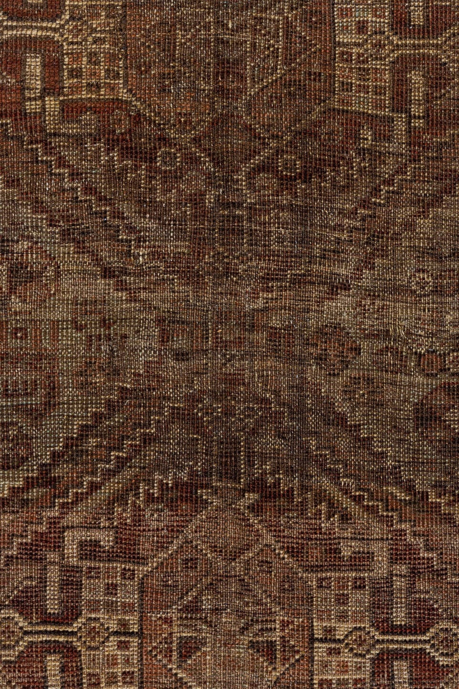 6' x 9' one-of-a-kind handmade antique Shiraz large size rug. Color palette: brown, rust, camel, ivory, taupe, mahogany