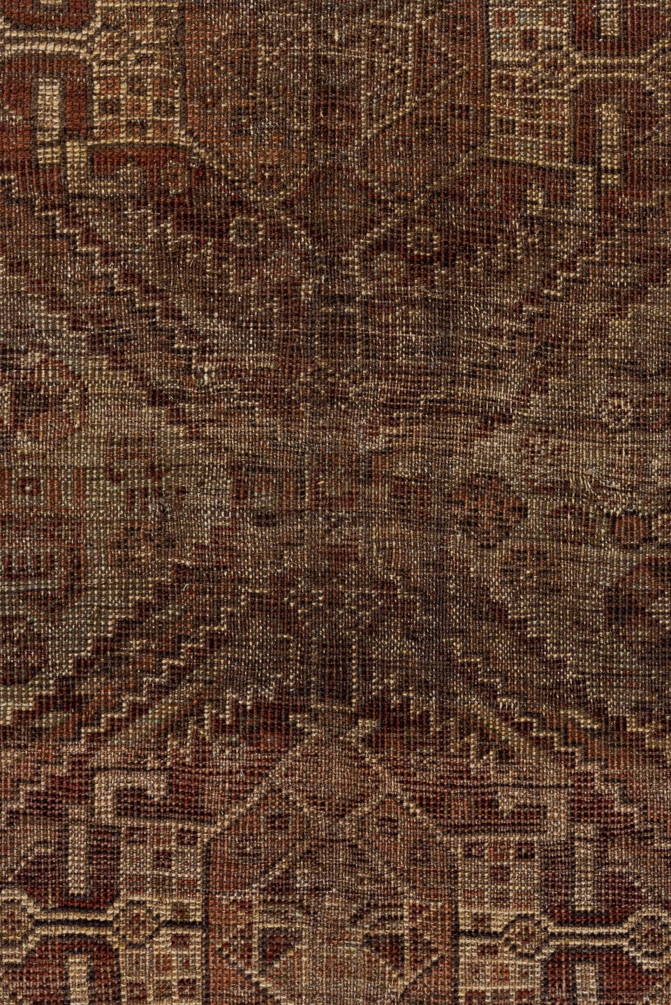 6' x 9' one-of-a-kind handmade antique Shiraz large size rug. Color palette: brown, rust, camel, ivory, taupe, mahogany