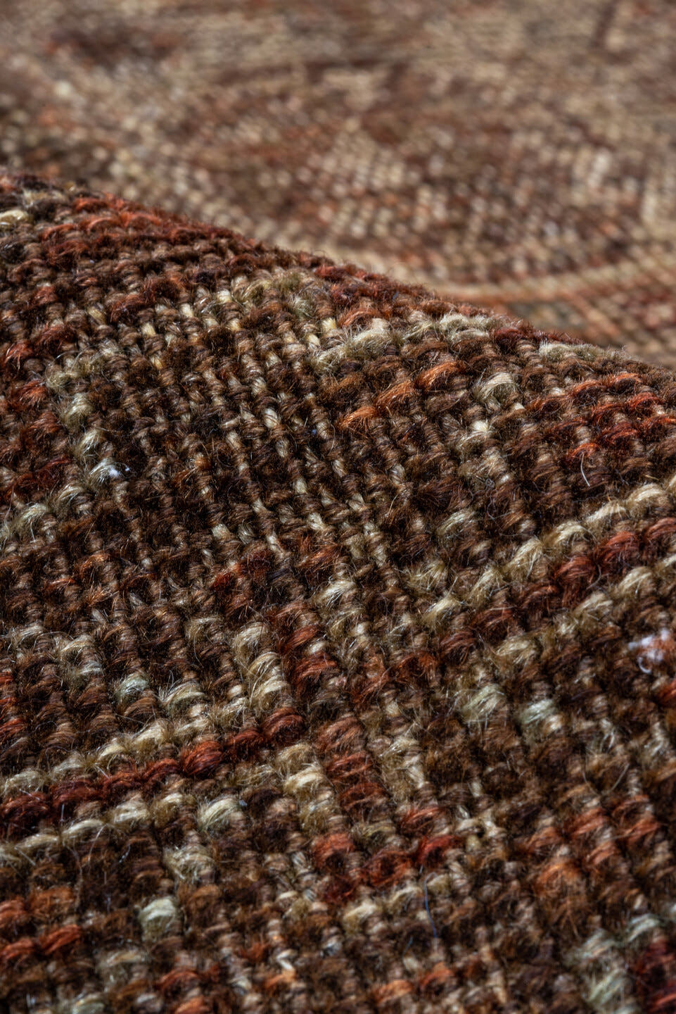 6' x 9' one-of-a-kind handmade antique Shiraz large size rug. Color palette: brown, rust, camel, ivory, taupe, mahogany