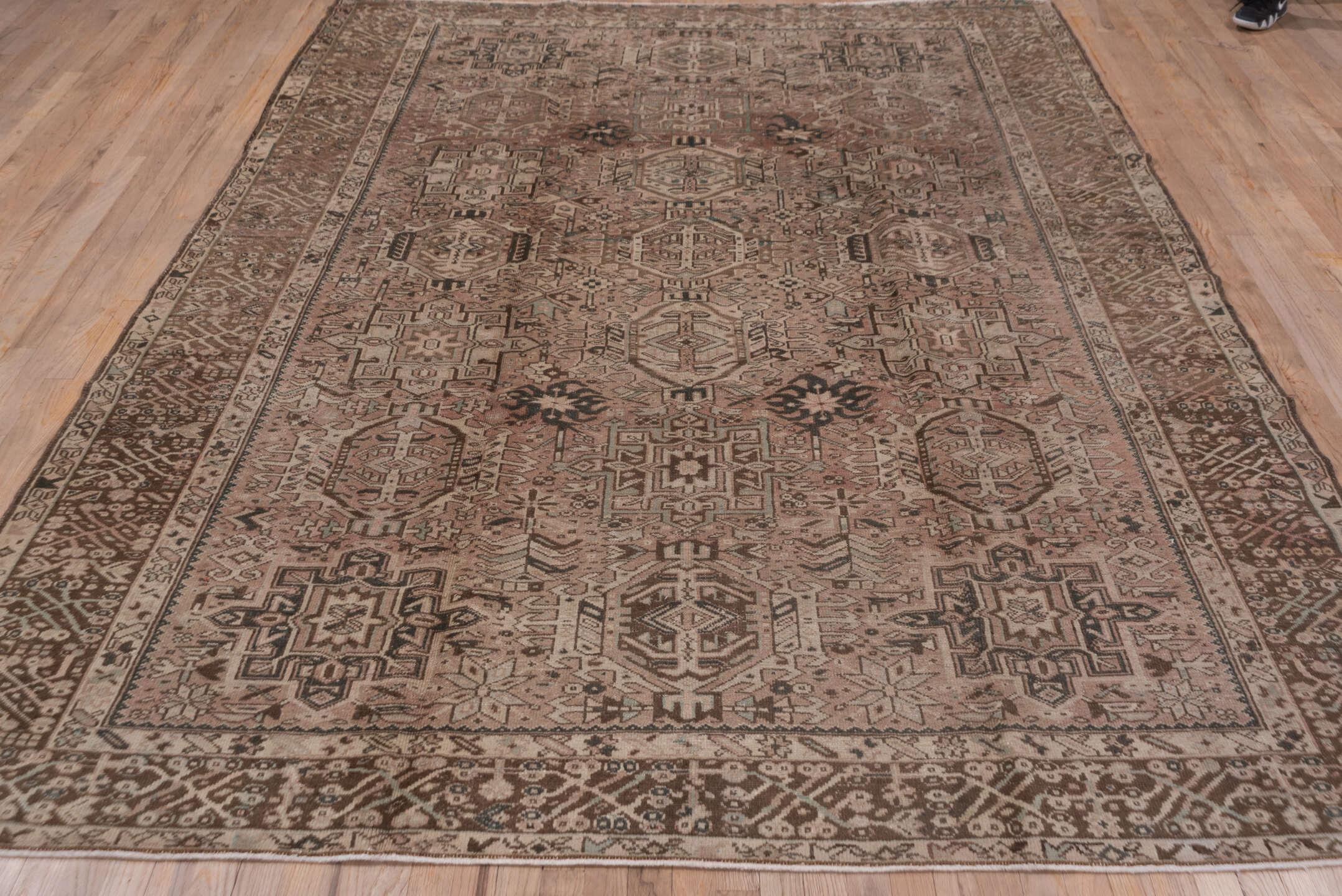 7' x 10' one-of-a-kind handmade vintage Karaje large size rug. Color palette: brown, gray, light gray, off-white, pink, snow