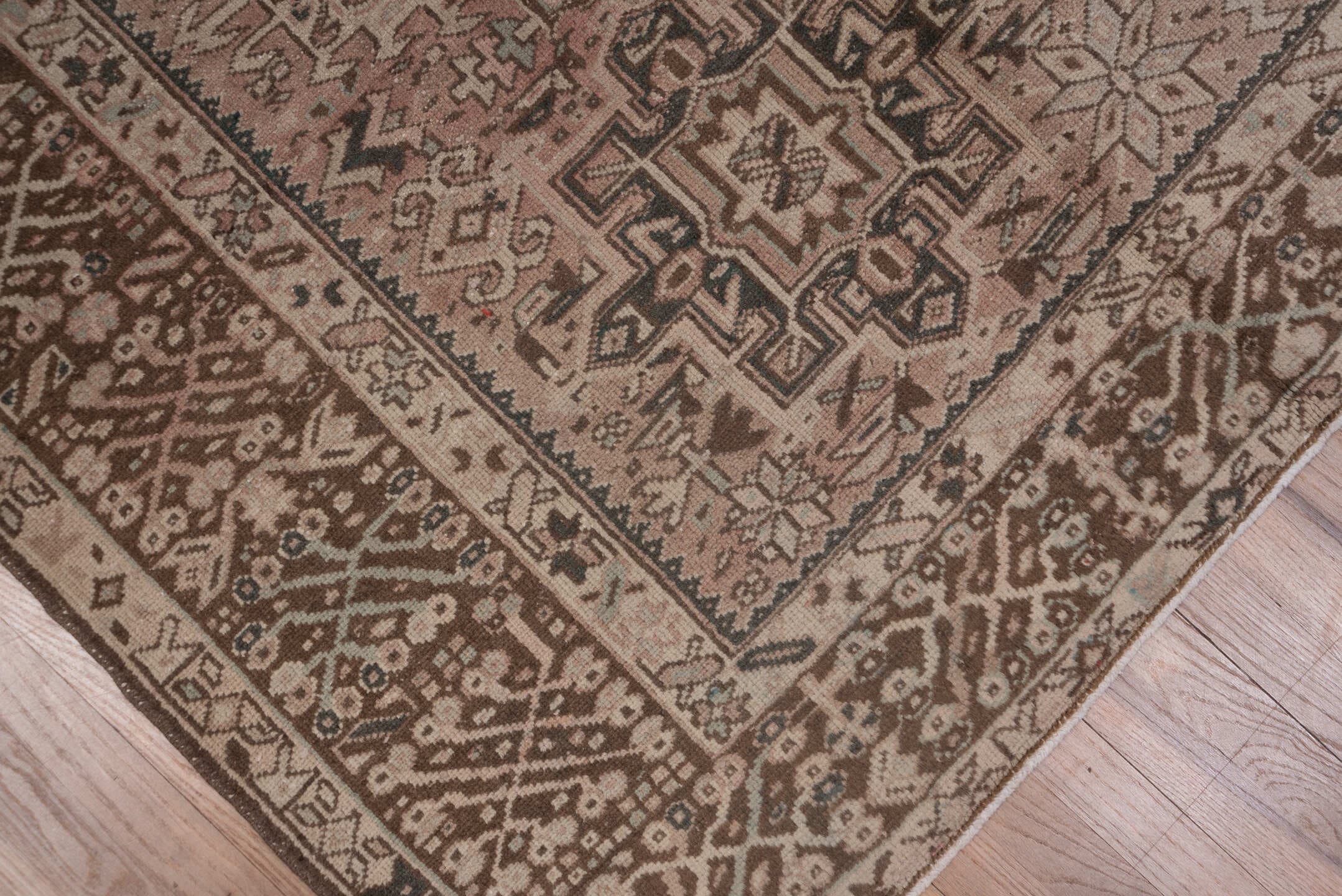 7' x 10' one-of-a-kind handmade antique Karaje large size rug. Color palette: taupe, rose, brown, ivory, charcoal, slate