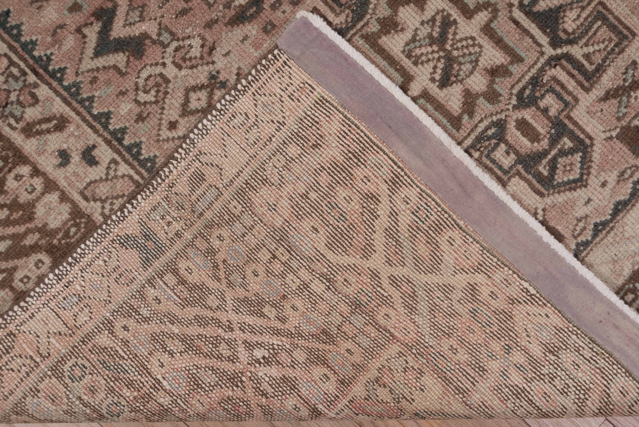 7' x 10' one-of-a-kind handmade vintage Karaje large size rug. Color palette: brown, gray, light gray, off-white, pink, snow