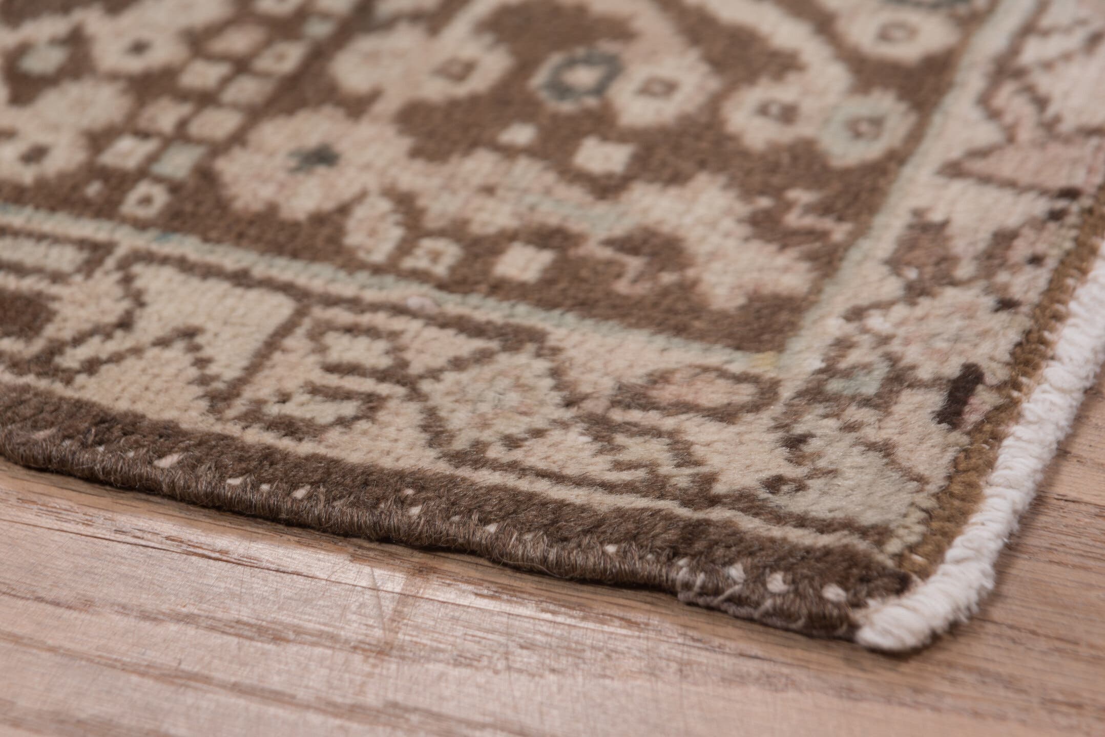 7' x 10' one-of-a-kind handmade antique Karaje large size rug. Color palette: taupe, rose, brown, ivory, charcoal, slate