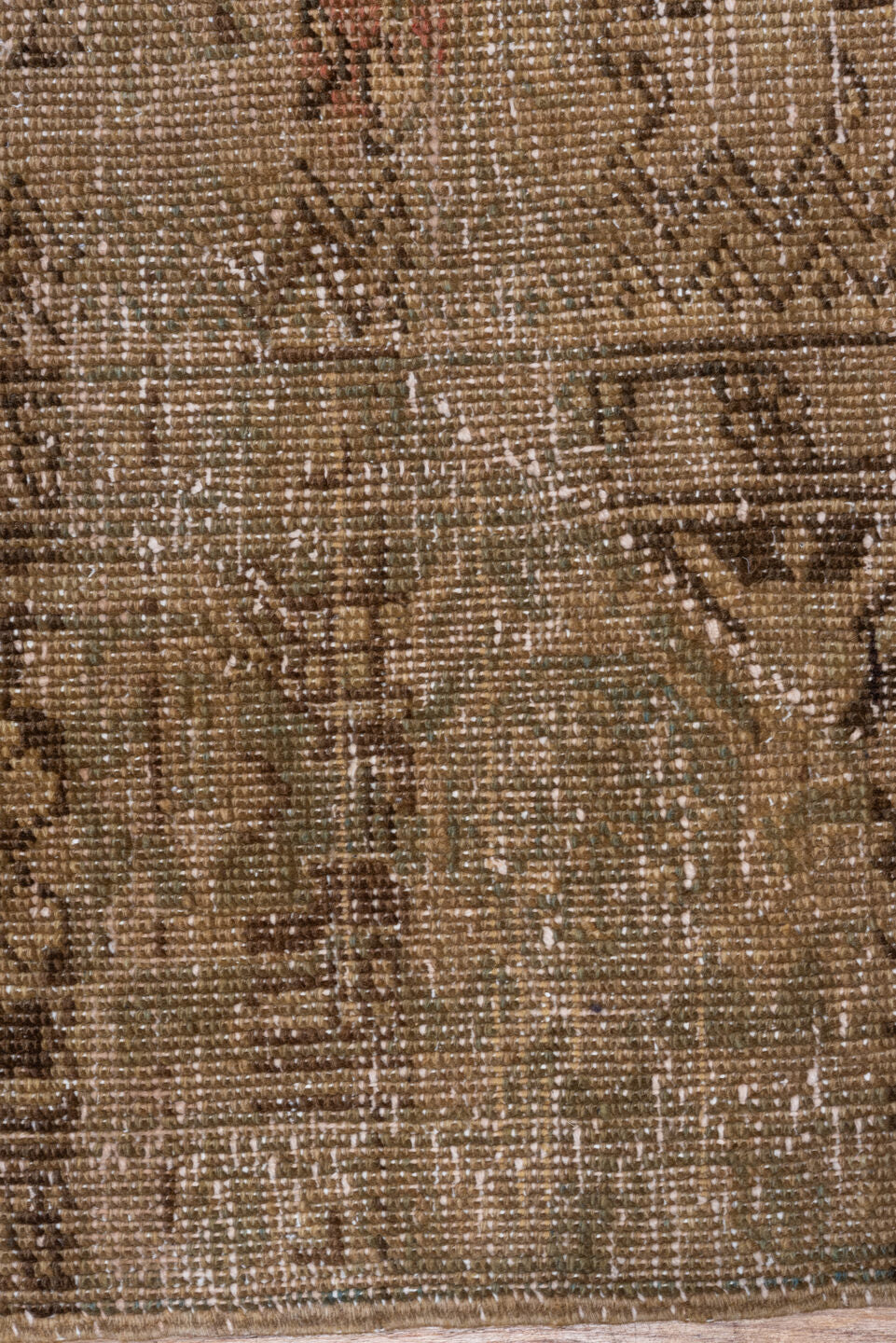 7' x 9' one-of-a-kind handmade antique Heriz rug. Color palette: taupe, camel, brown, ivory, charcoal, sage, slate, beige