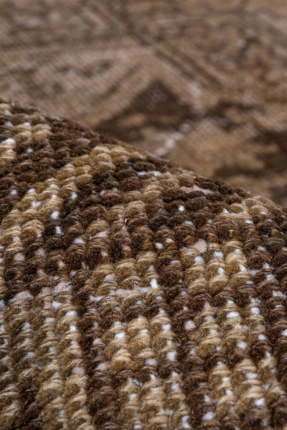 7' x 9' one-of-a-kind handmade antique Heriz rug. Color palette: taupe, camel, brown, ivory, charcoal, sage, slate, beige