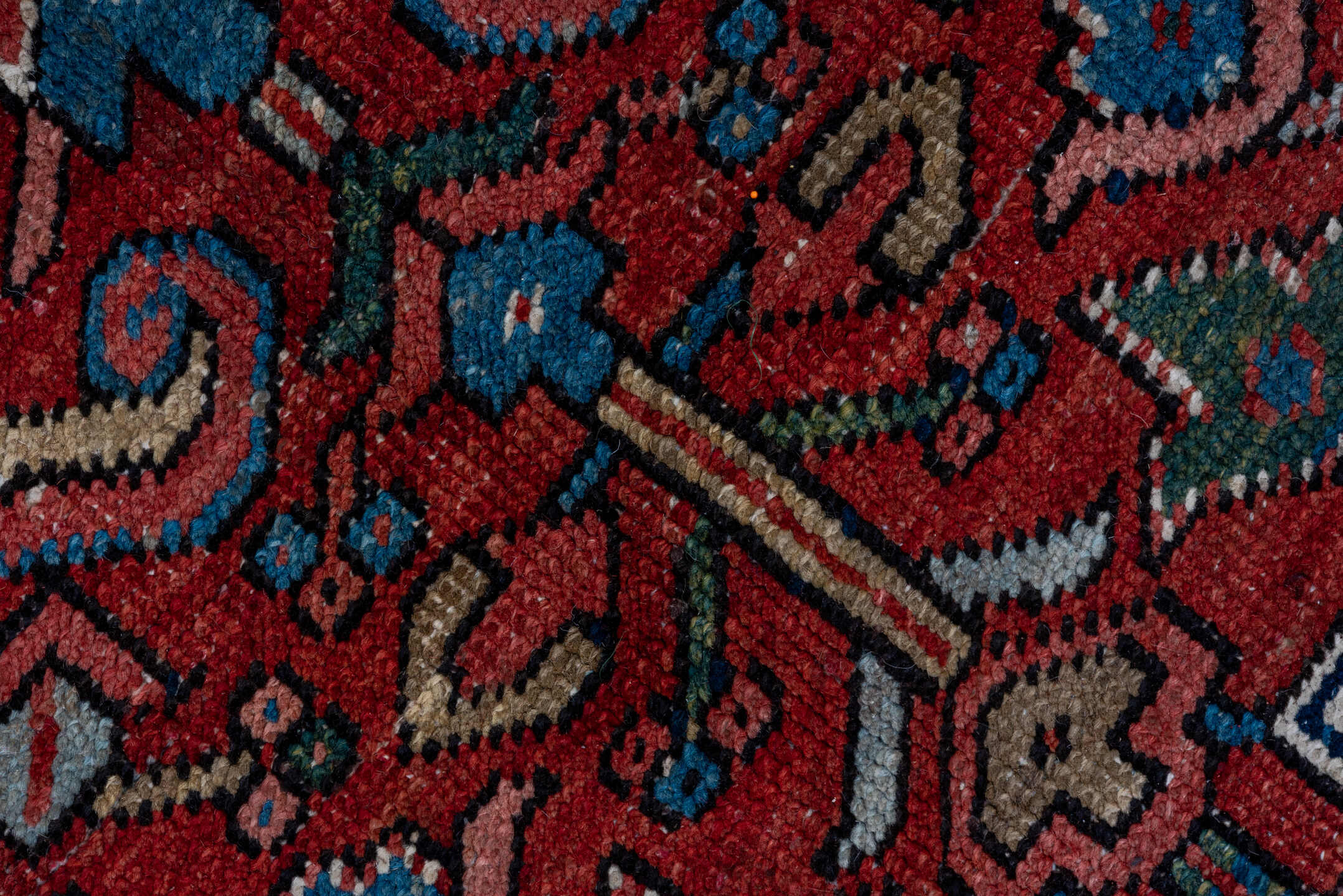 7' x 10' one-of-a-kind handmade vintage Heriz large size rug. Color palette: black, blue, brown, fiord, gray, off-white