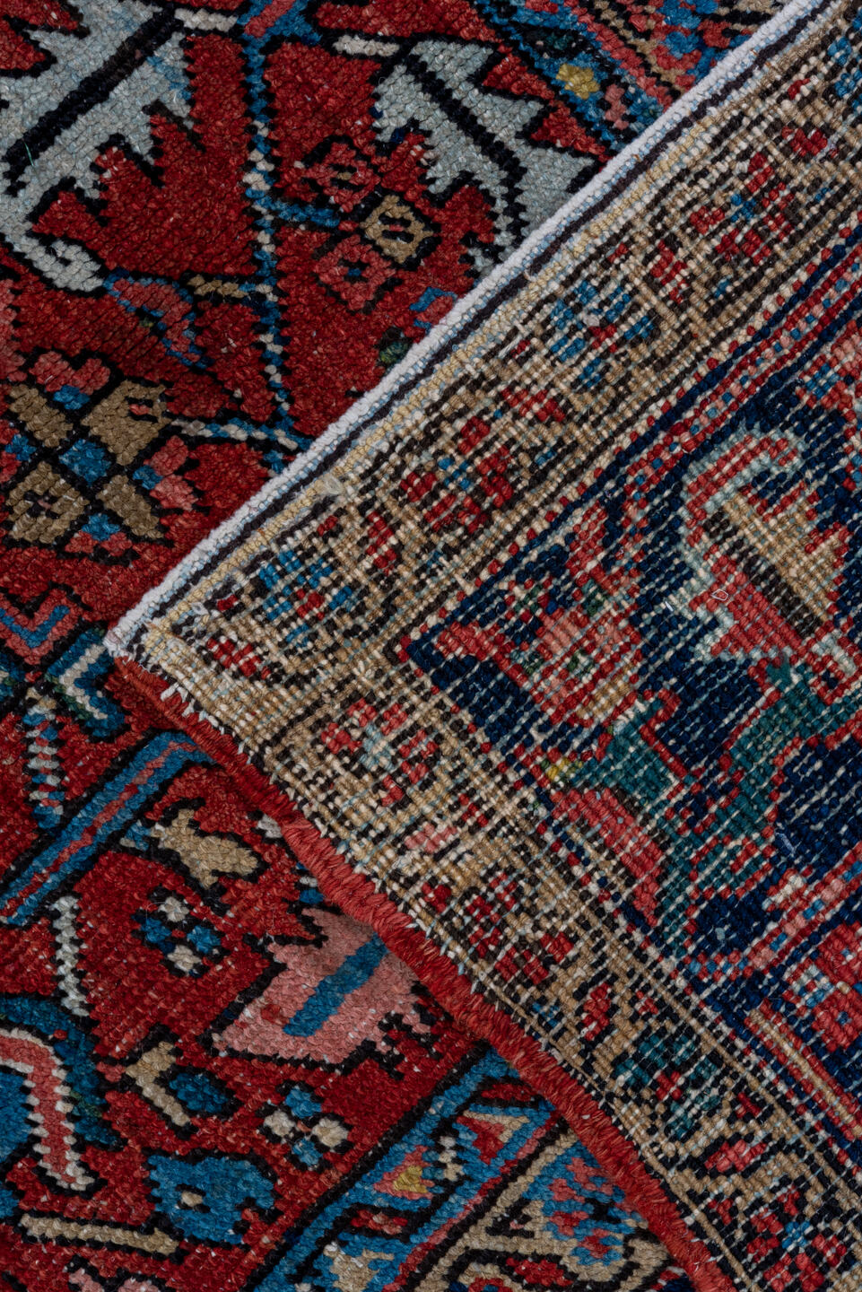 7' x 10' one-of-a-kind handmade vintage Heriz large size rug. Color palette: black, blue, brown, fiord, gray, off-white