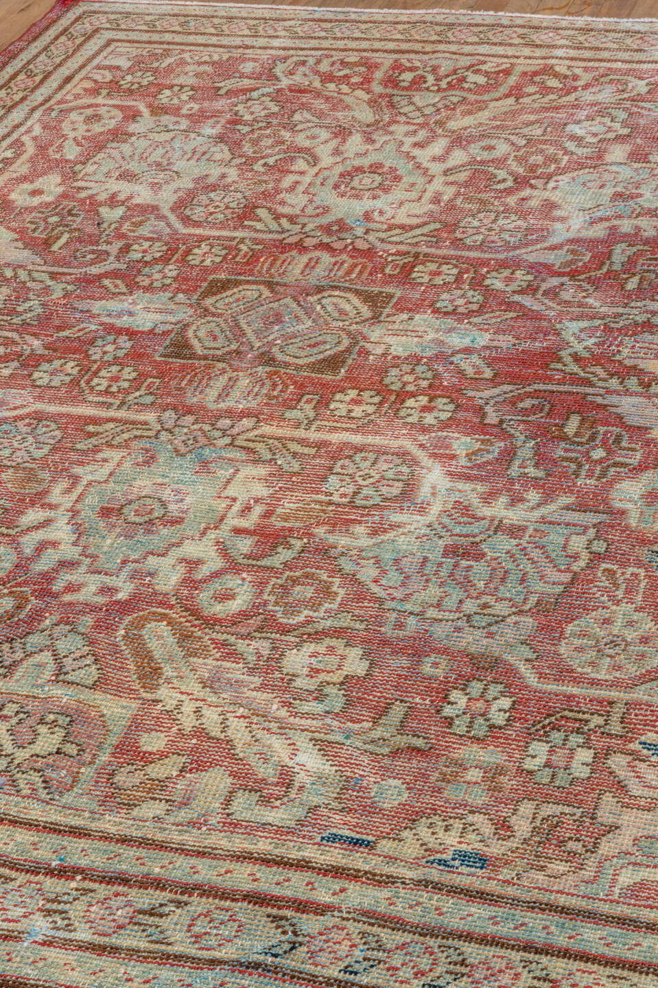5' x 7' one-of-a-kind handmade antique Mahal rug. Color palette: red, ivory, beige, light blue, rust, taupe, brown