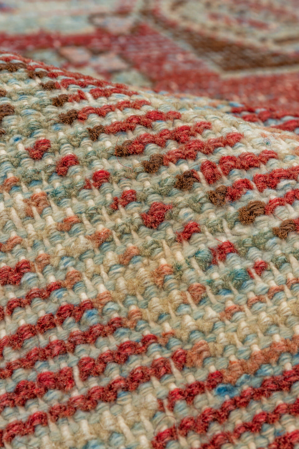 5' x 7' one-of-a-kind handmade antique Mahal rug. Color palette: red, ivory, beige, light blue, rust, taupe, brown