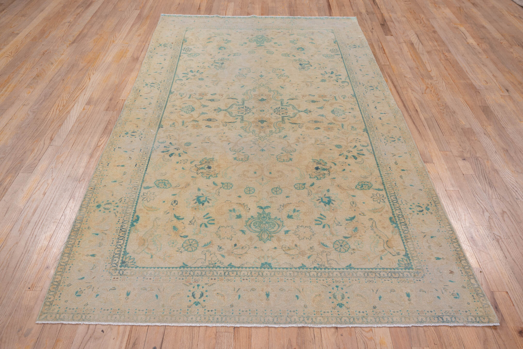 5' x 8' one-of-a-kind handmade antique Sivas medium size rug. Color palette: ivory, beige, aqua, taupe, sand, sage, teal