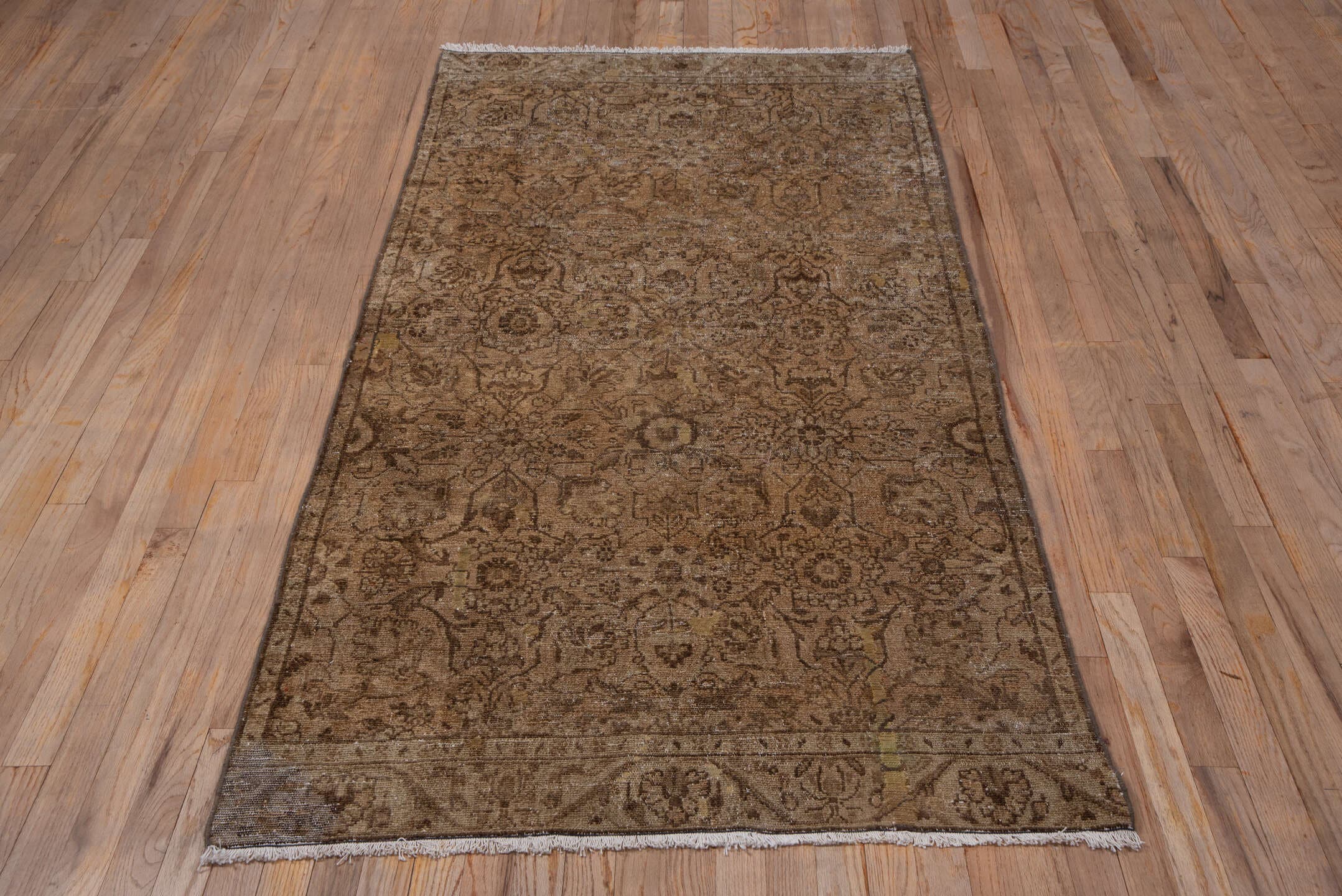 3' x 7' one-of-a-kind handmade antique Hamadan runner rug. Color palette: taupe, camel, brown, beige, ivory, ochre, gray