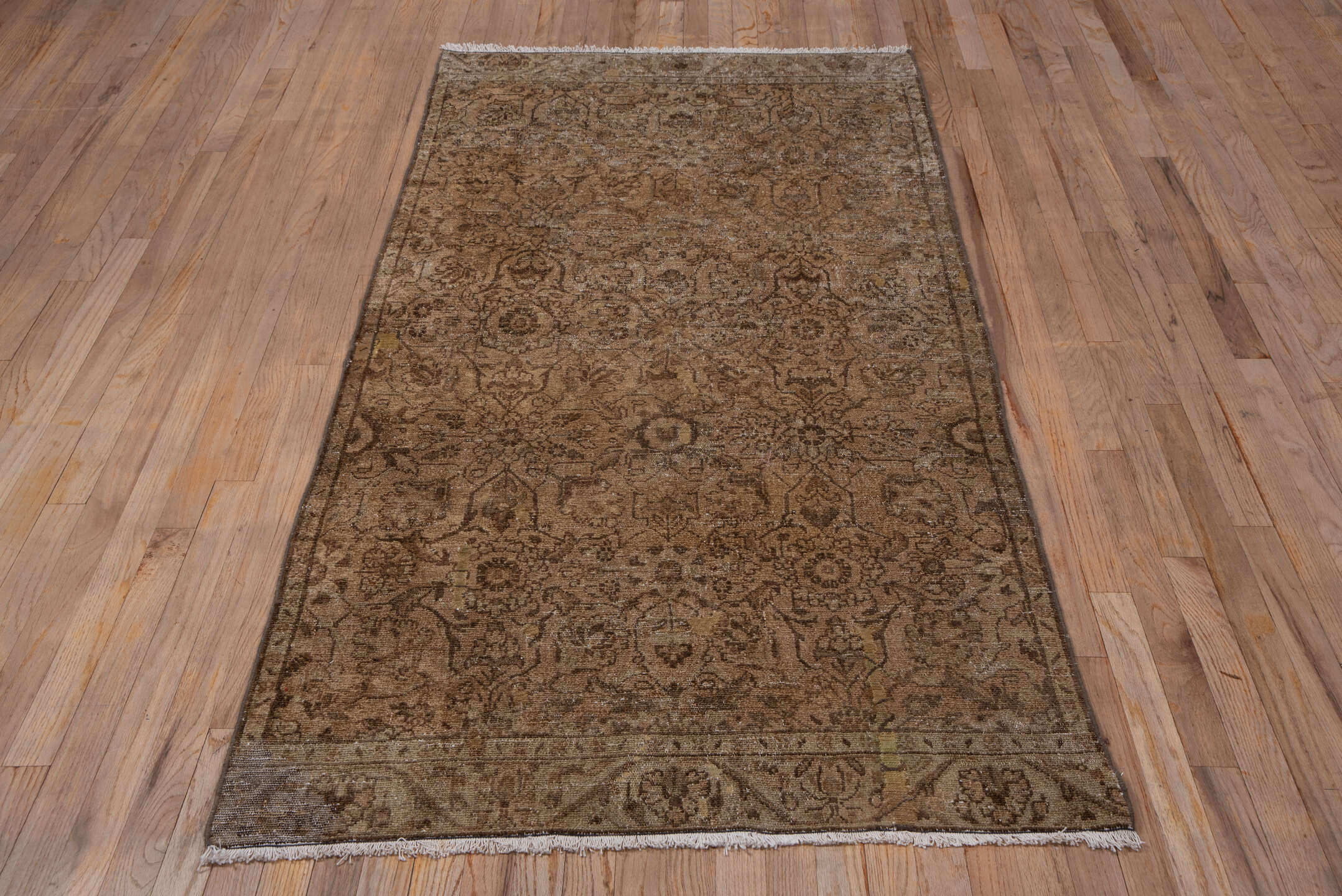 3' x 7' one-of-a-kind handmade antique Hamadan runner rug. Color palette: taupe, camel, brown, beige, ivory, ochre, gray