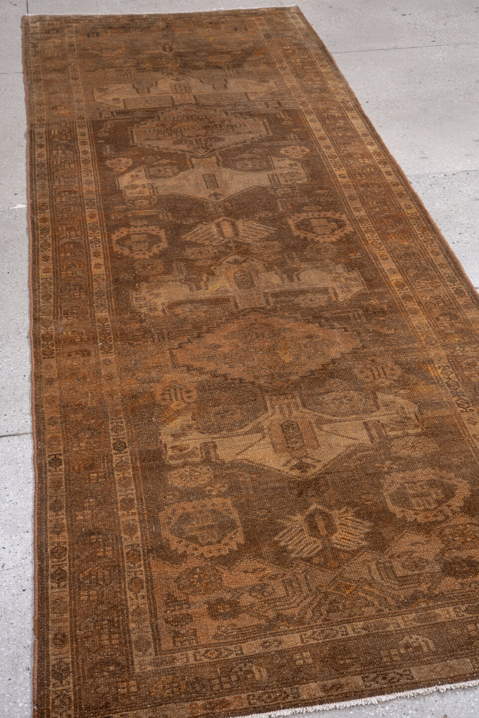 3' x 10' one-of-a-kind handmade antique Malayer runner rug. Color palette: brown, camel, taupe, tan, charcoal, ochre, beige