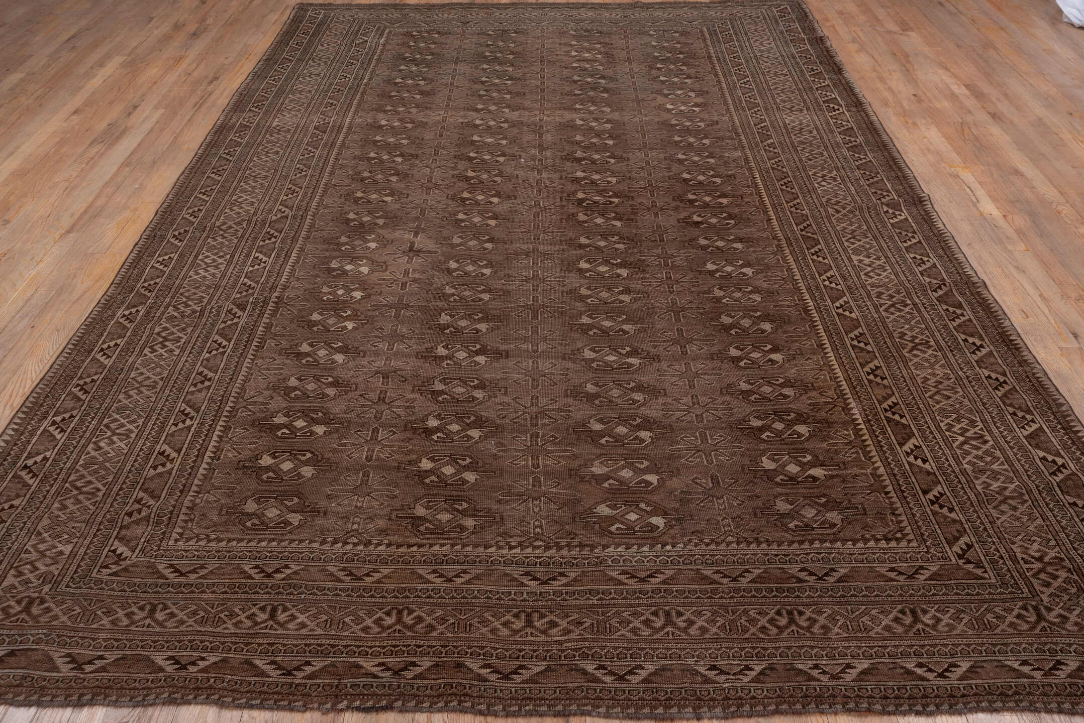 8' x 12' one-of-a-kind handmade antique Afghan large size rug. Color palette: brown, taupe, charcoal, camel, ivory, beige