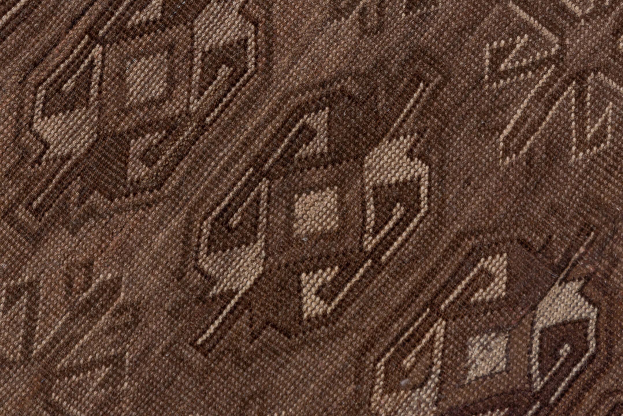 8' x 12' one-of-a-kind handmade antique Afghan large size rug. Color palette: brown, taupe, charcoal, camel, ivory, beige