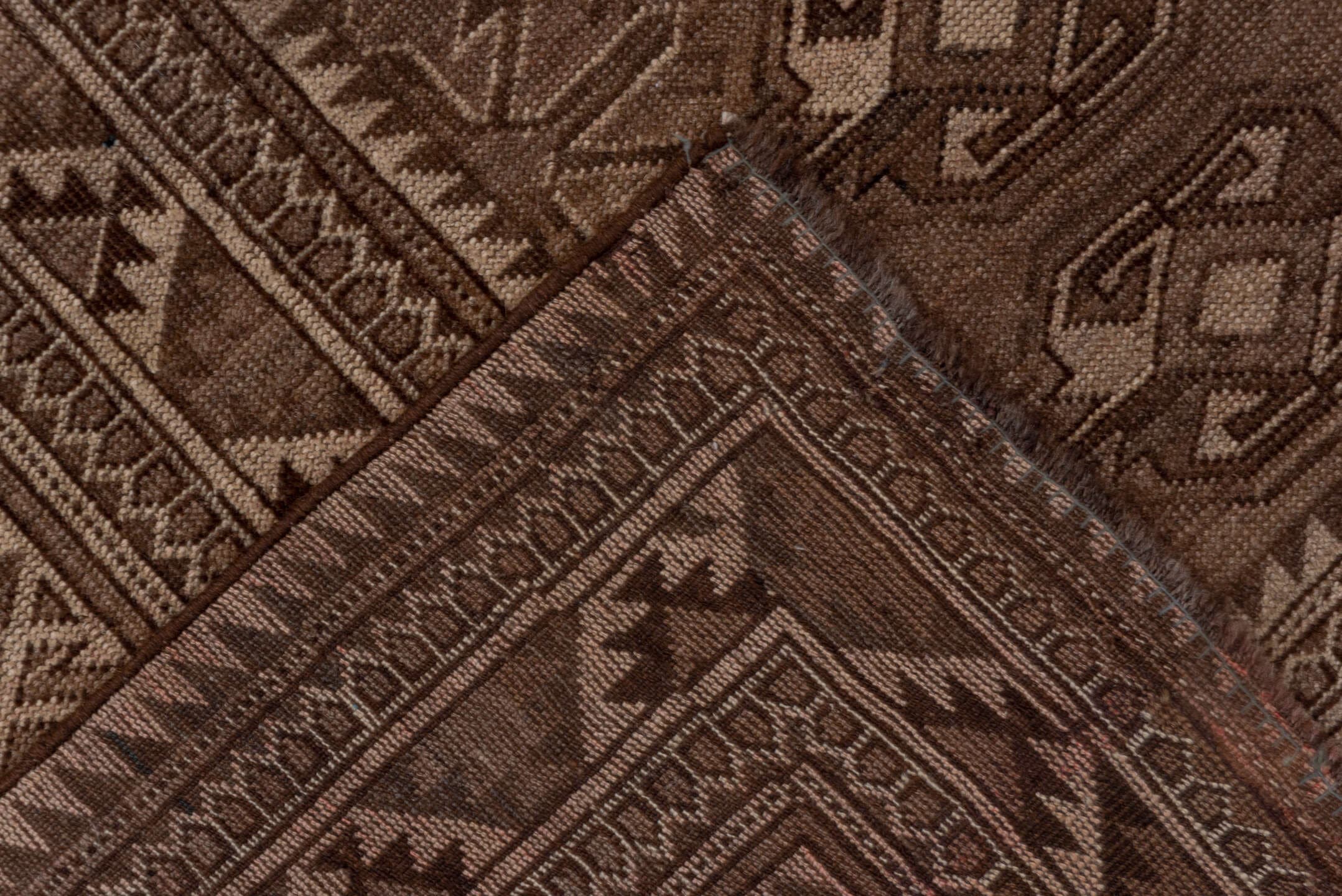 8' x 12' one-of-a-kind handmade antique Afghan large size rug. Color palette: brown, taupe, charcoal, camel, ivory, beige