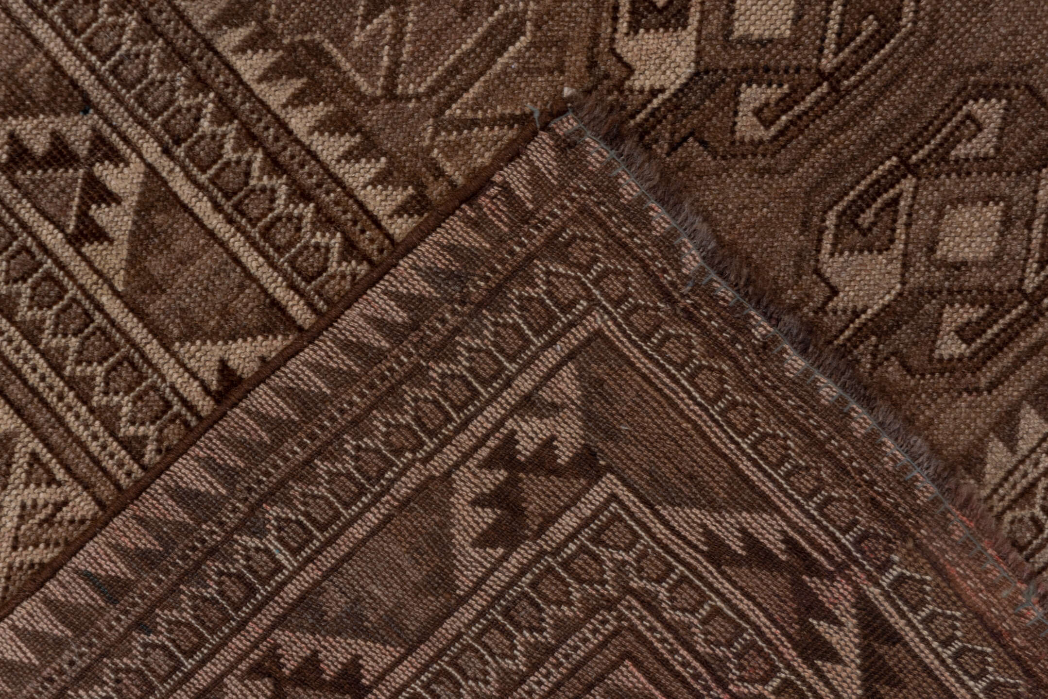 8' x 12' one-of-a-kind handmade antique Afghan large size rug. Color palette: brown, taupe, charcoal, camel, ivory, beige