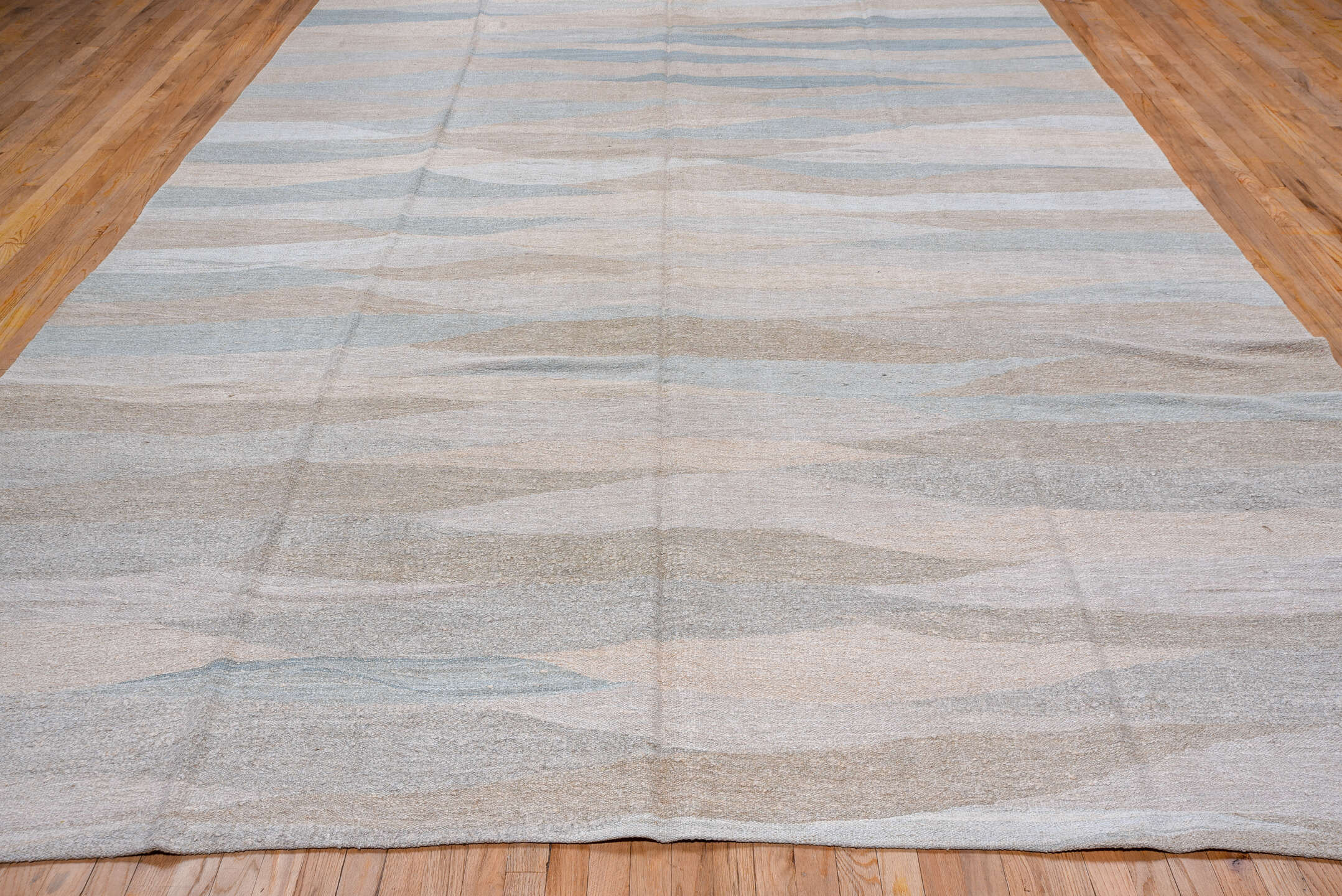 9' x 14' one-of-a-kind handmade vintage Kilim large size rug. Color palette: ivory, pale blue, beige, taupe, light blue