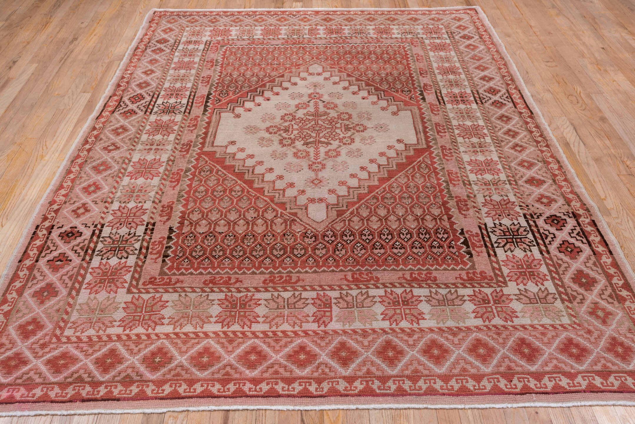 6' x 9' one-of-a-kind handmade antique Oushak medium size rug. Color palette: rose, terracotta, ivory, dusty pink, taupe