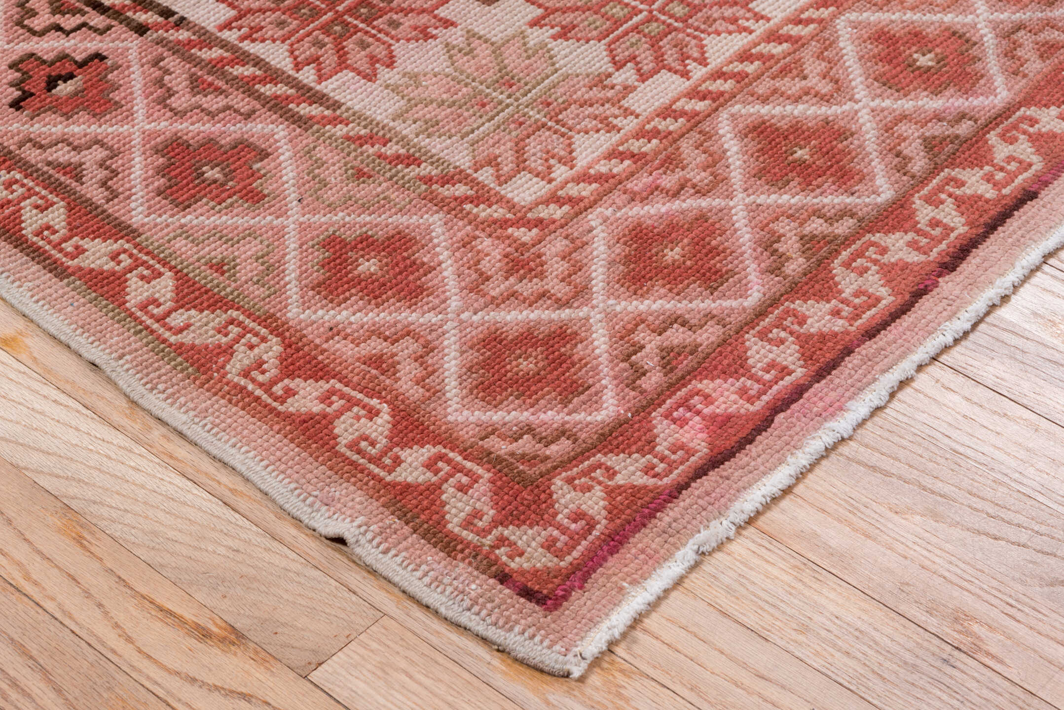 6' x 9' one-of-a-kind handmade antique Oushak medium size rug. Color palette: rose, terracotta, ivory, dusty pink, taupe