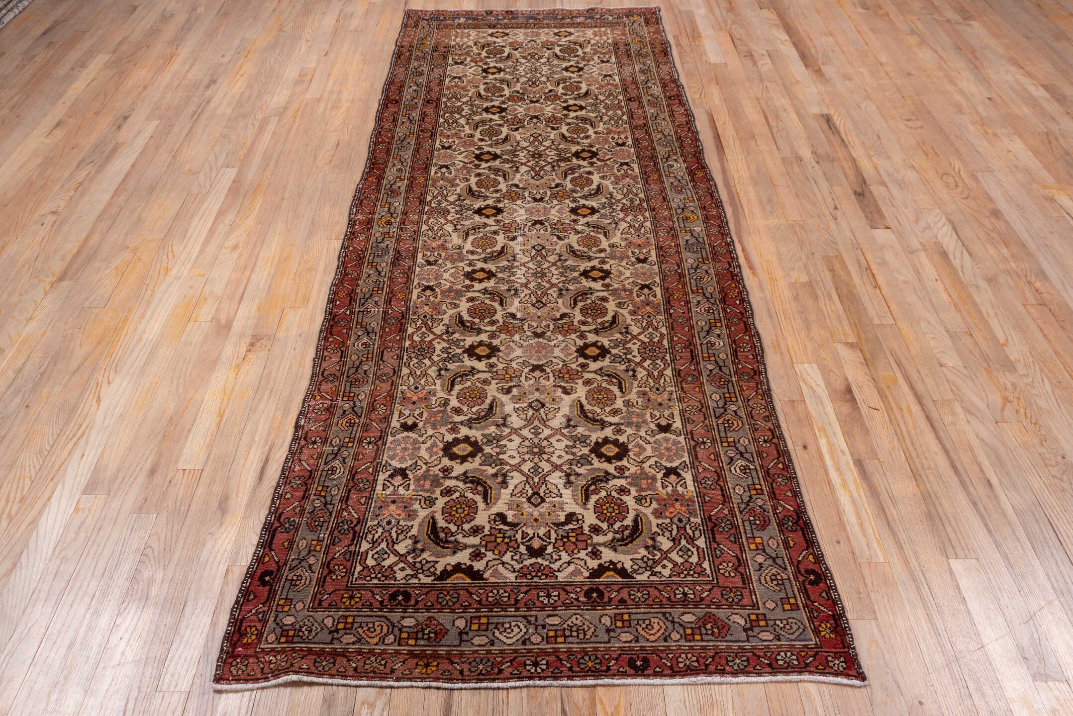 3' x 10' one-of-a-kind handmade vintage Malayer runner rug. Color palette: brown, gray, pink, redwood