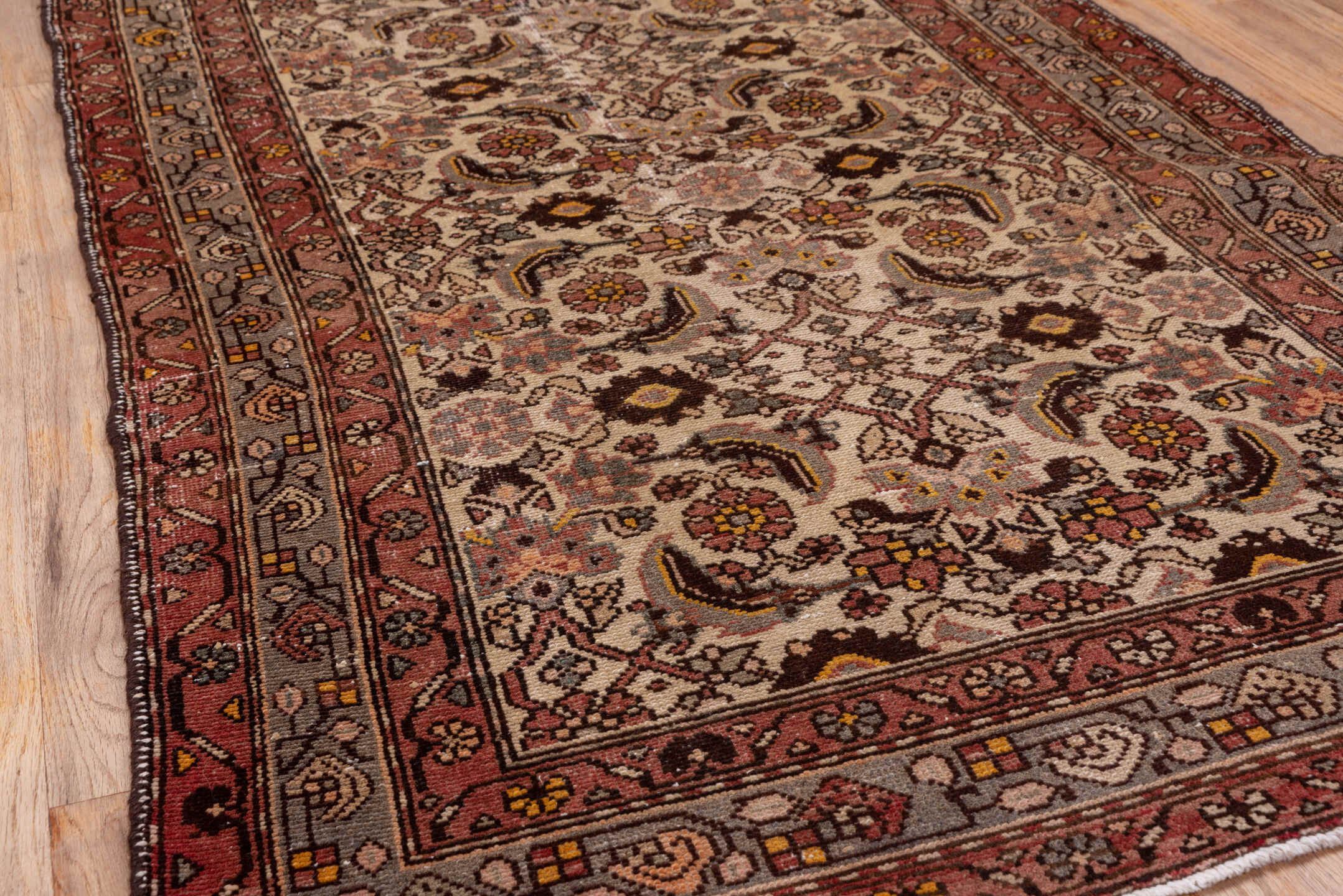 3' x 10' one-of-a-kind handmade vintage Malayer runner rug. Color palette: brown, gray, pink, redwood